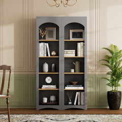 ON-TREND Free Standing 5 Tier Bookshelves, Bookcases Set of 2, Farmhouse Two-Tone Storage Cabinet with Adjustable Shelves, Modern 72"H Kitchen Pantry Cabinet for Living Room, Home Office, Grey