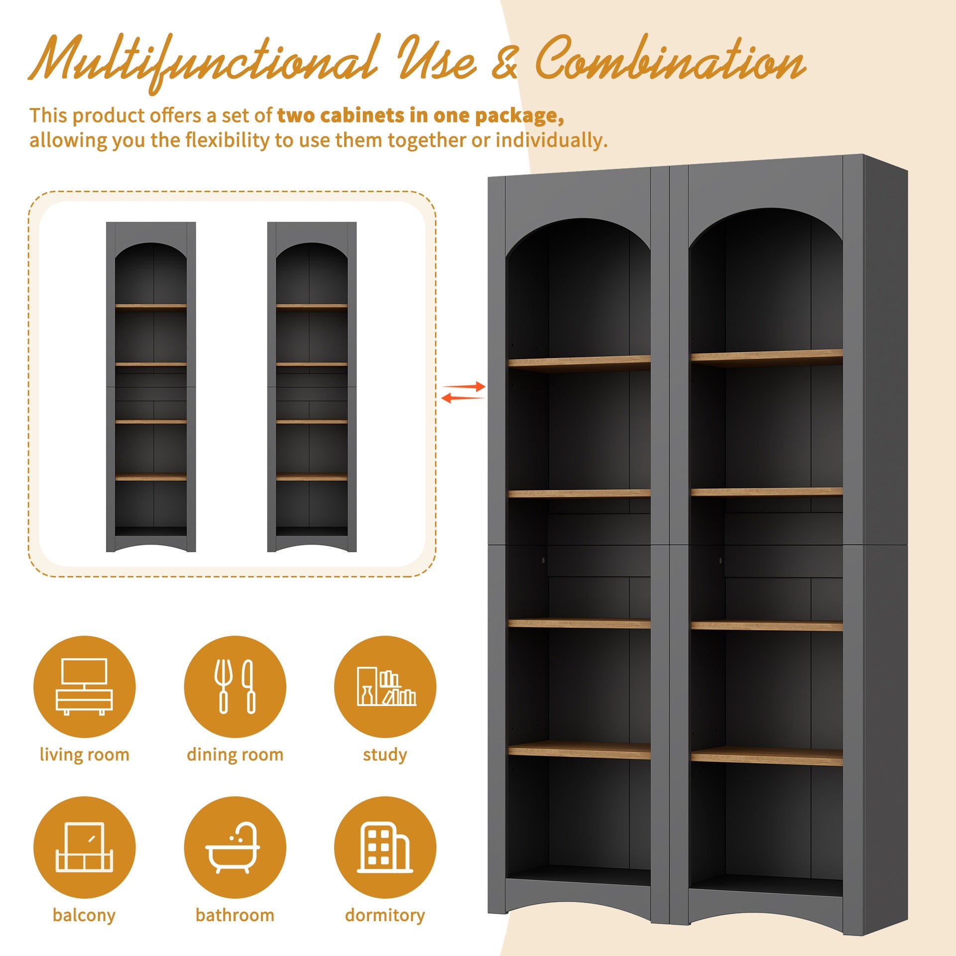 ON-TREND Free Standing 5 Tier Bookshelves, Bookcases Set of 2, Farmhouse Two-Tone Storage Cabinet with Adjustable Shelves, Modern 72"H Kitchen Pantry Cabinet for Living Room, Home Office, Grey