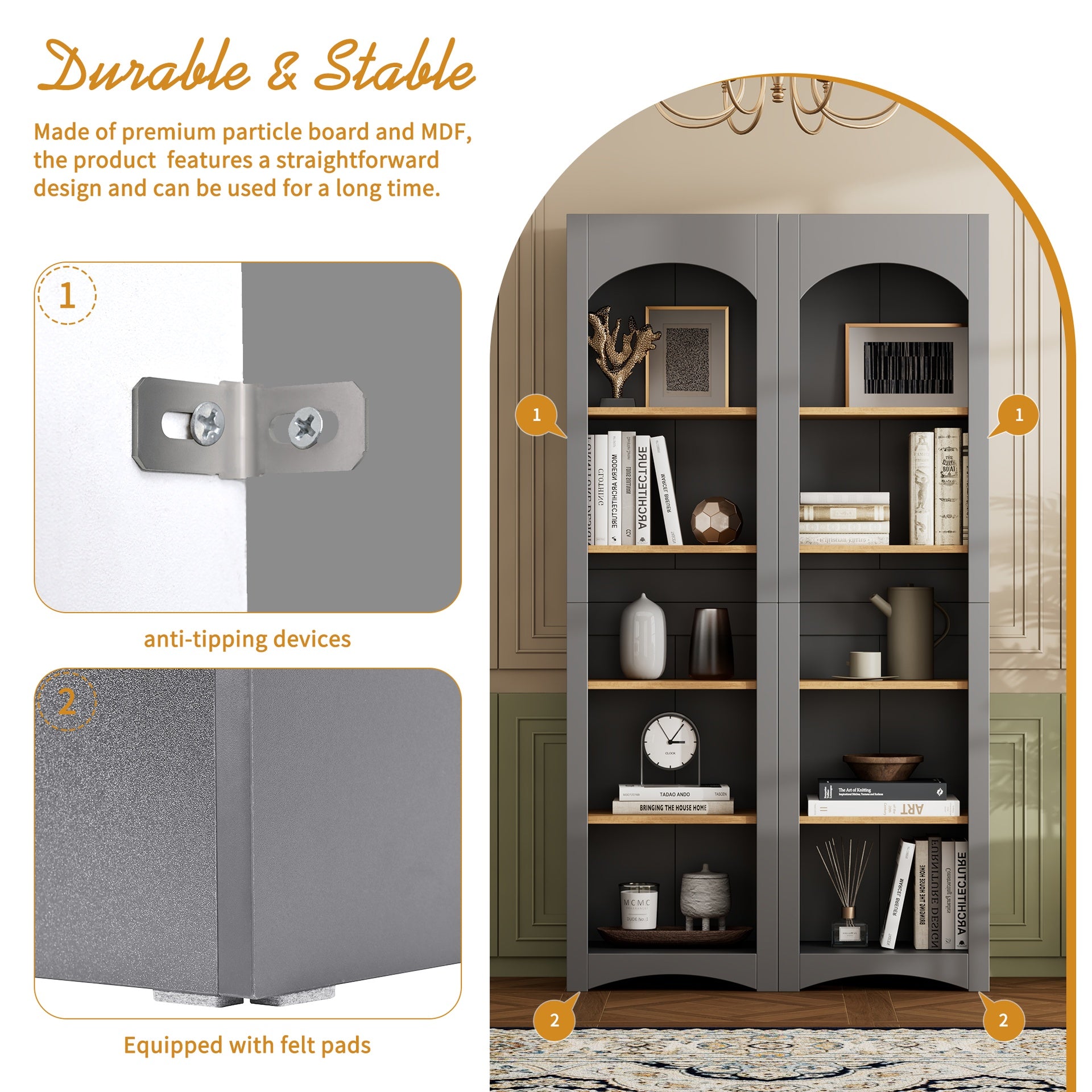 ON-TREND Free Standing 5 Tier Bookshelves, Bookcases Set of 2, Farmhouse Two-Tone Storage Cabinet with Adjustable Shelves, Modern 72"H Kitchen Pantry Cabinet for Living Room, Home Office, Grey