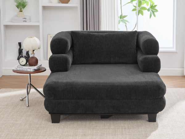 Oversized Chaise Lounge 52.4" Modern Comfy Lounger Chenille Upholstered Sofa Bed with Deep Seat and Layered Armrests for Living Room or Bedroom, Black