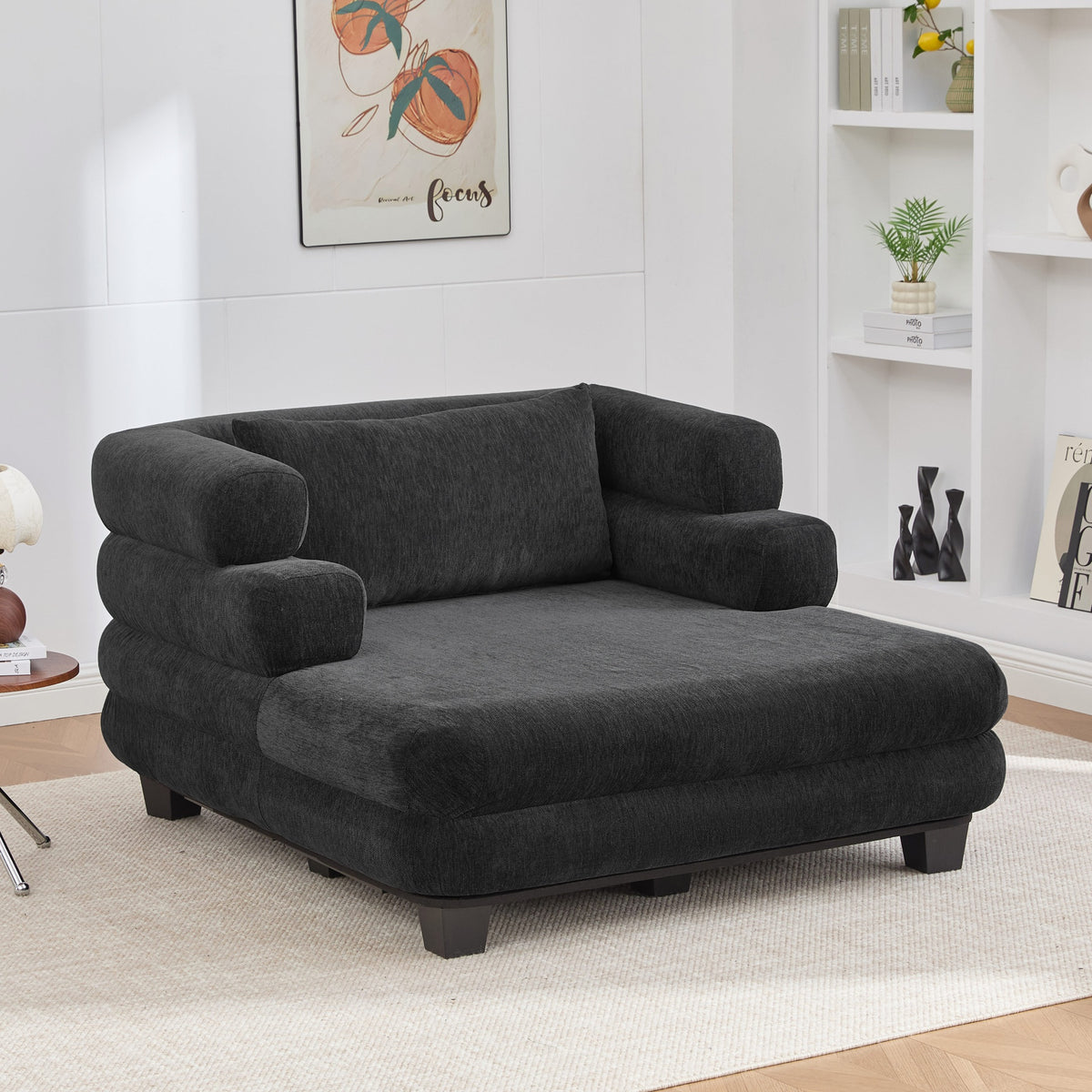 Oversized Chaise Lounge 52.4" Modern Comfy Lounger Chenille Upholstered Sofa Bed with Deep Seat and Layered Armrests for Living Room or Bedroom, Black