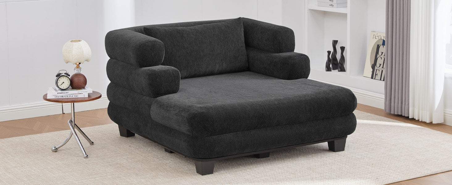 Oversized Chaise Lounge 52.4" Modern Comfy Lounger Chenille Upholstered Sofa Bed with Deep Seat and Layered Armrests for Living Room or Bedroom, Black