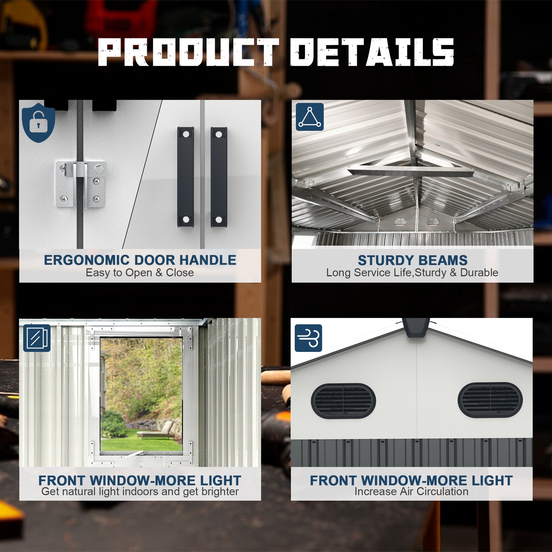 8x12 Ft Metal Outdoor Storage Shed with Window, Floor Base, Air Vents and Double Hinged Door