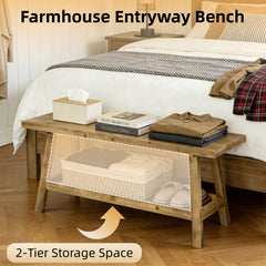 43" Farmhouse Wood Bench, 2-Tier Entryway Bench, Narrow Rustic Storage Bench with Open Storage Shelf for Entryway, Hallway, Living Room, Bedroom, Kitchen, Dining (Distressed Wood Color)