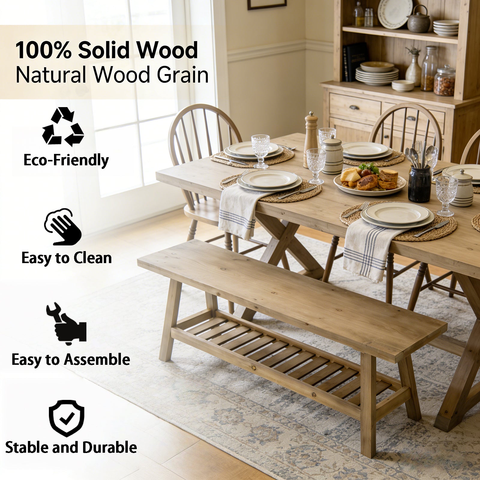 43" Farmhouse Wood Bench, 2-Tier Entryway Bench, Narrow Rustic Storage Bench with Open Storage Shelf for Entryway, Hallway, Living Room, Bedroom, Kitchen, Dining (Distressed Wood Color)
