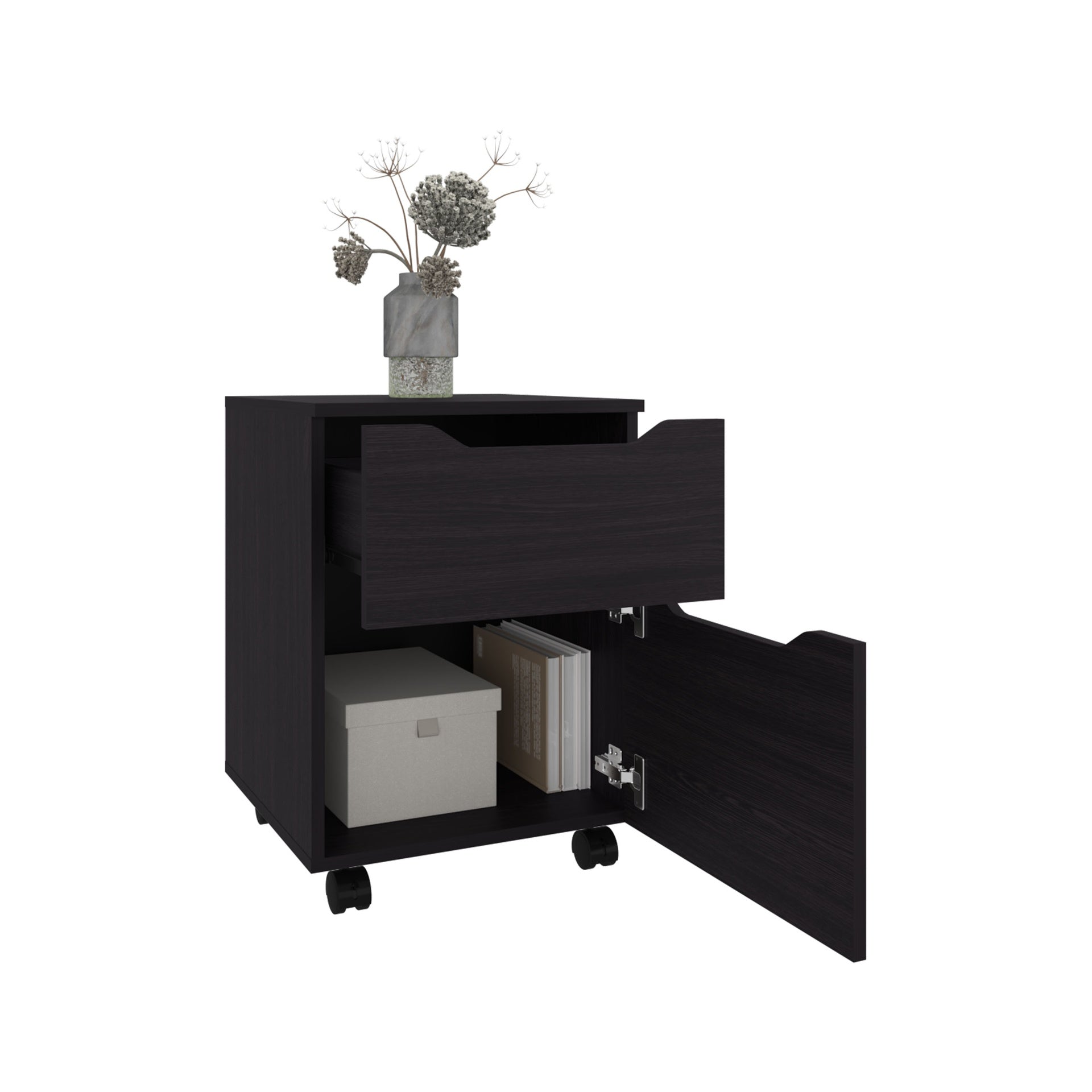 Ethan Open Shelves Nightstand With One Door, Modern Bedside Table For Bedroom Storage, Black