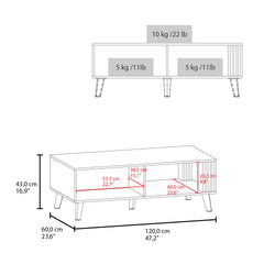 Vance 47" Wide Coffee Table with One Open Shelf and One pull Down Cabinet Door, Living Room, Storage Black Wengue and Natural Oak