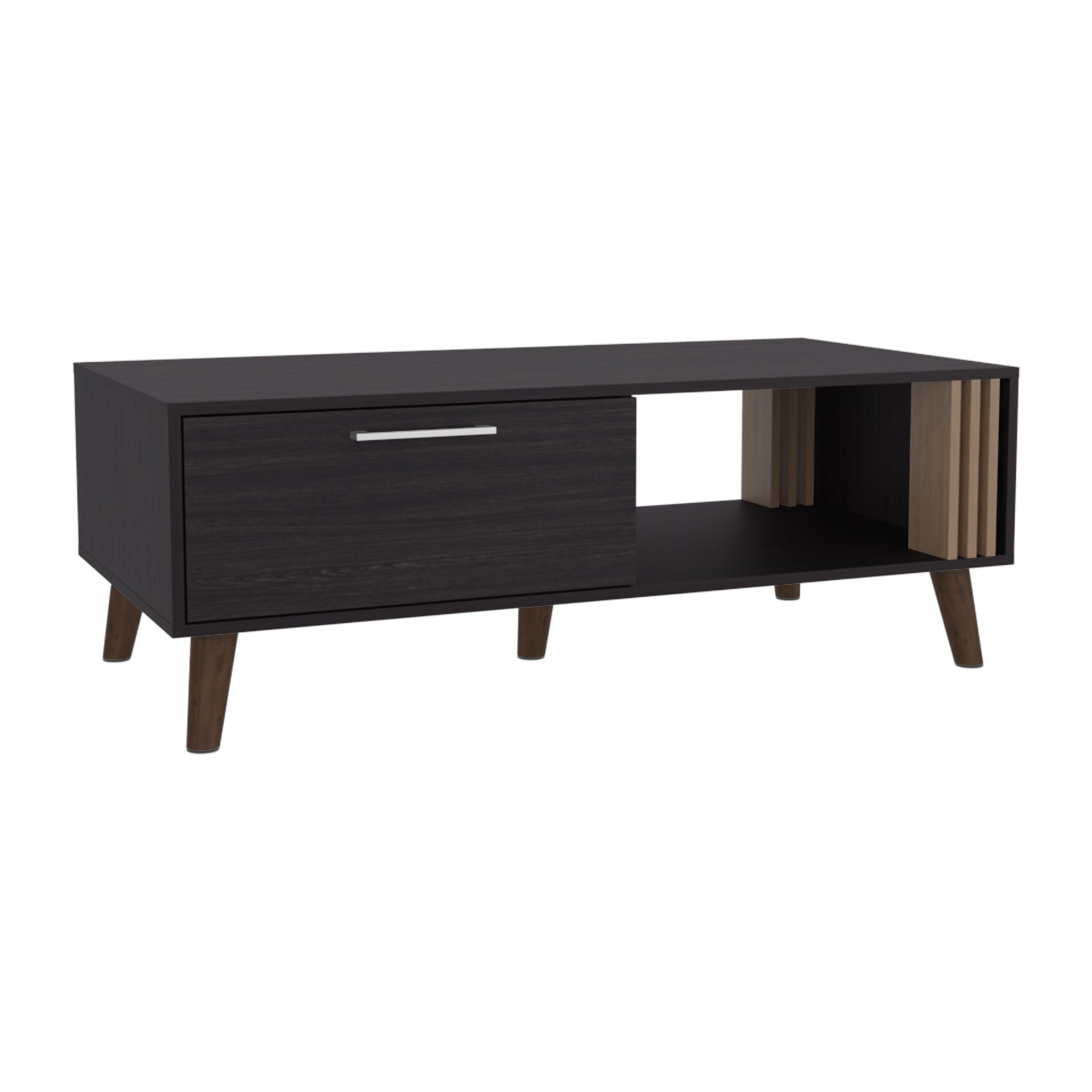 Vance 47" Wide Coffee Table with One Open Shelf and One pull Down Cabinet Door, Living Room, Storage Black Wengue and Natural Oak