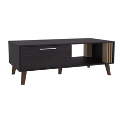 Vance 47" Wide Coffee Table with One Open Shelf and One pull Down Cabinet Door, Living Room, Storage Black Wengue and Natural Oak