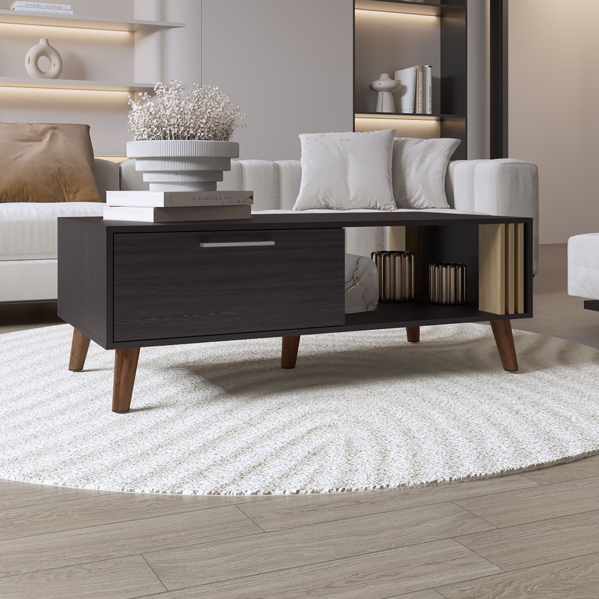Vance 47" Wide Coffee Table with One Open Shelf and One pull Down Cabinet Door, Living Room, Storage Black Wengue and Natural Oak