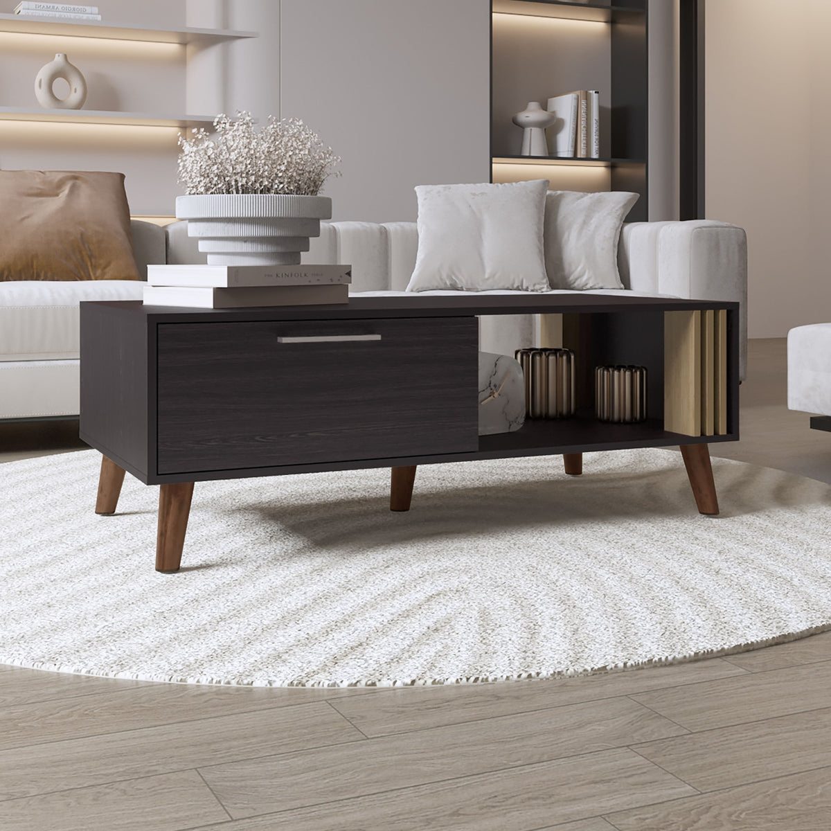 Vance 47" Wide Coffee Table with One Open Shelf and One pull Down Cabinet Door, Living Room, Storage Black Wengue and Natural Oak