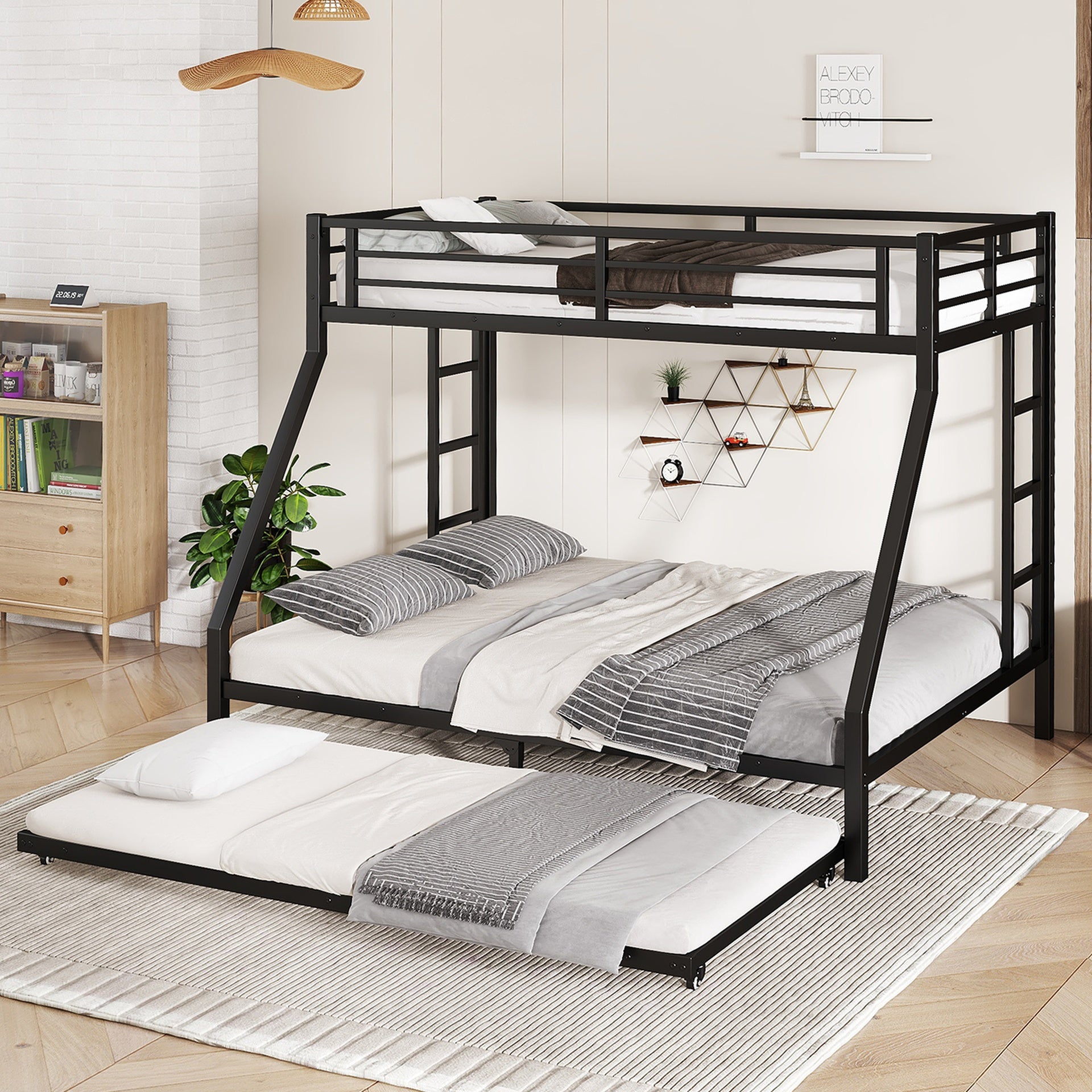 Twin XL Over Queen Metal Bunk Bed with Twin Size Trundle, Black