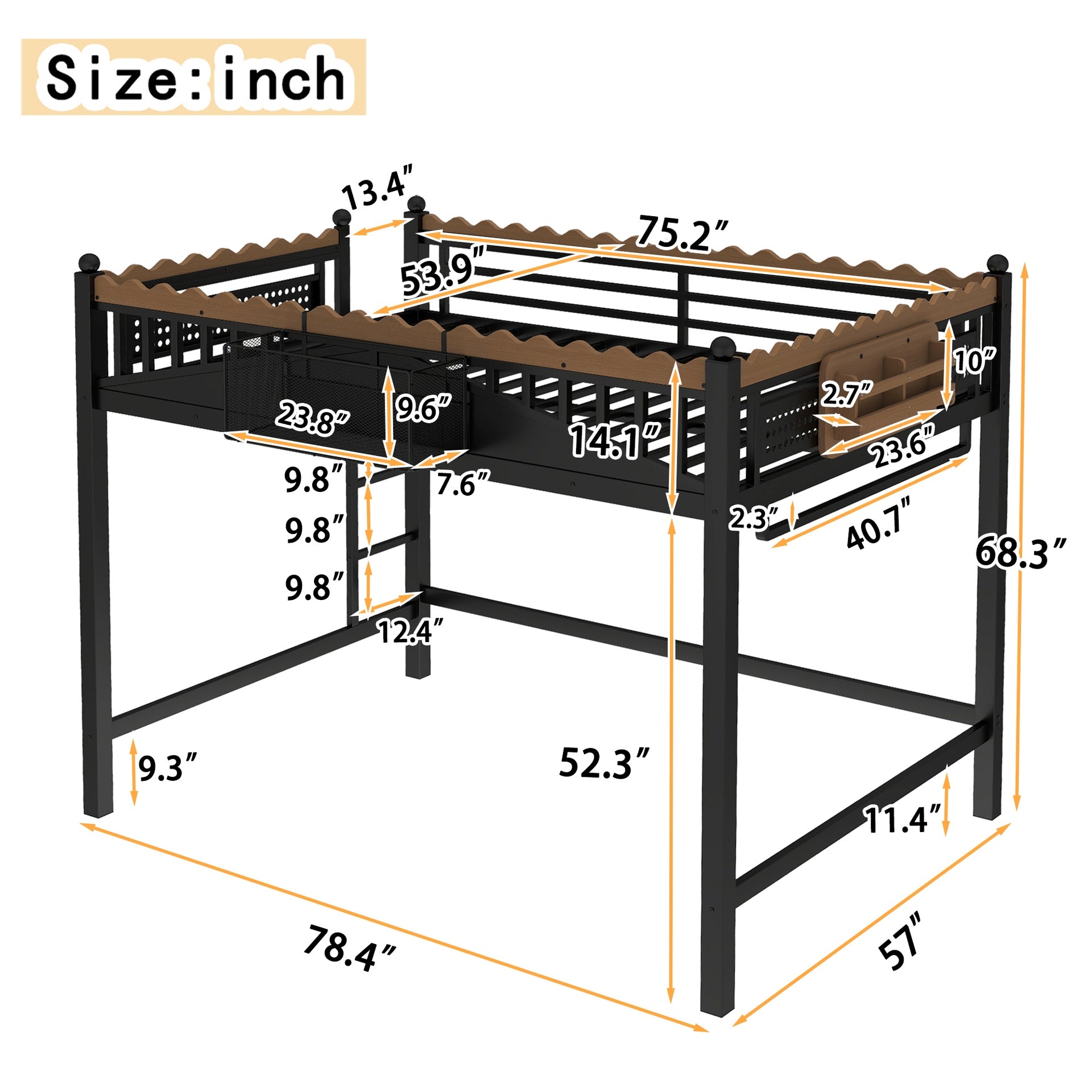 Full Size Loft Bed with Ladders, Metal Loft Bed with Storage Shelves and bookshelf, No Box Spring Needed and Chic Design, Black