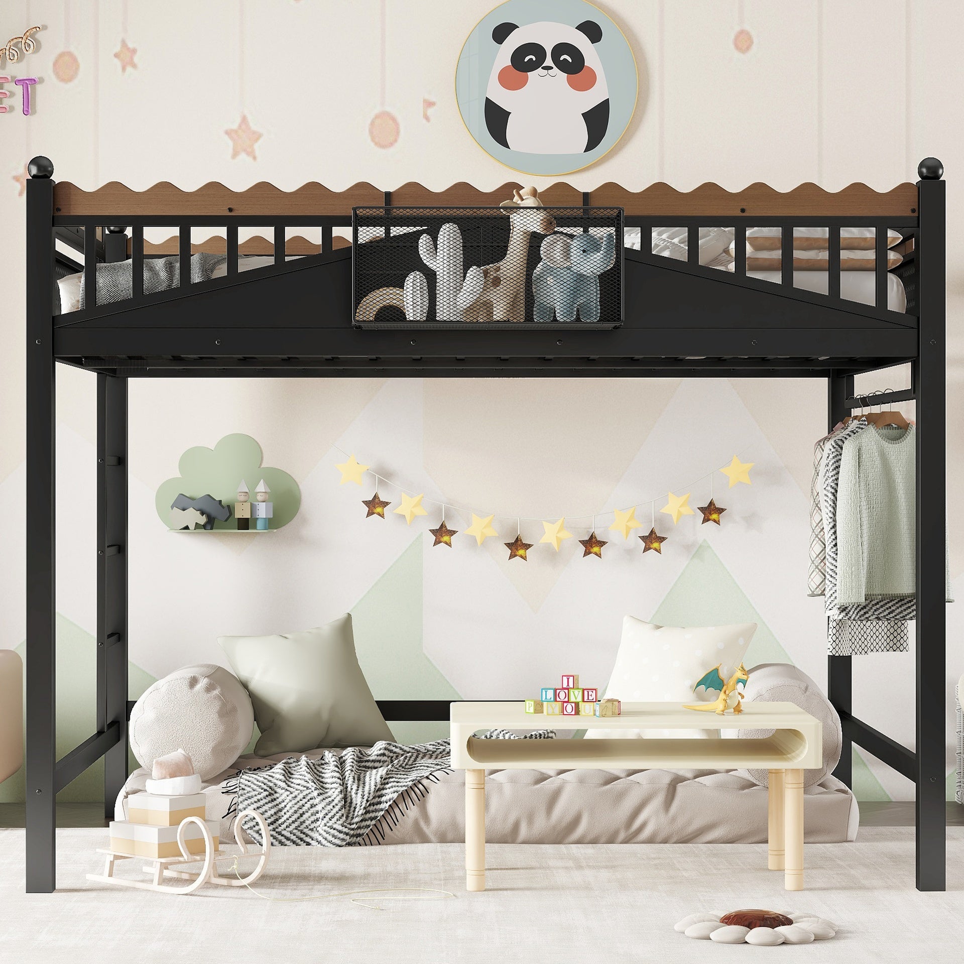 Full Size Loft Bed with Ladders, Metal Loft Bed with Storage Shelves and bookshelf, No Box Spring Needed and Chic Design, Black