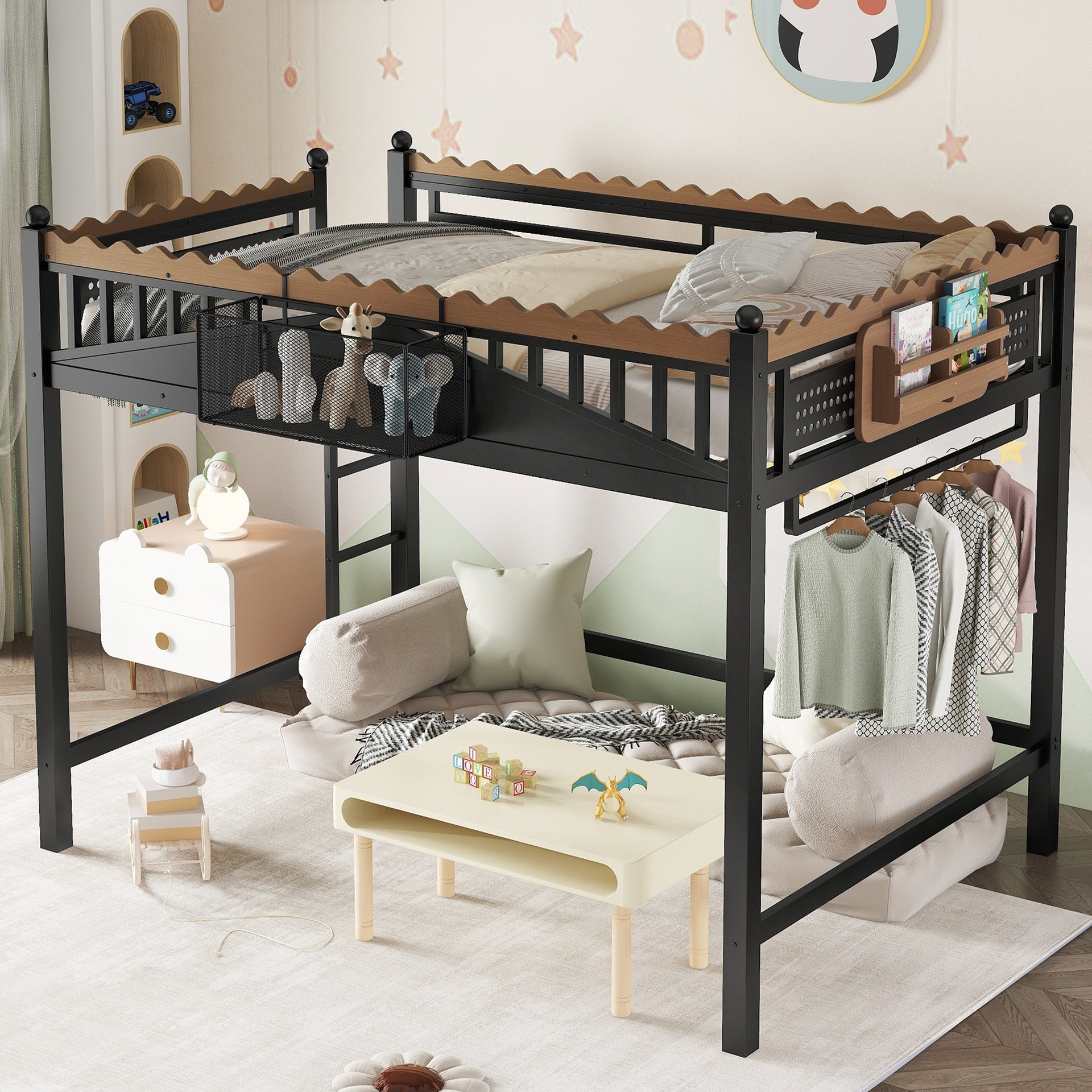 Full Size Loft Bed with Ladders, Metal Loft Bed with Storage Shelves and bookshelf, No Box Spring Needed and Chic Design, Black