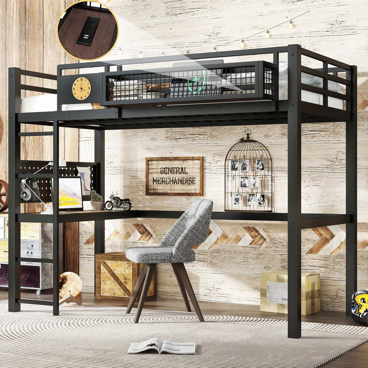 Twin XL Size Loft Bed Frame with desk, storage basket,Metal Loft Bed with clock,and charging port,Black