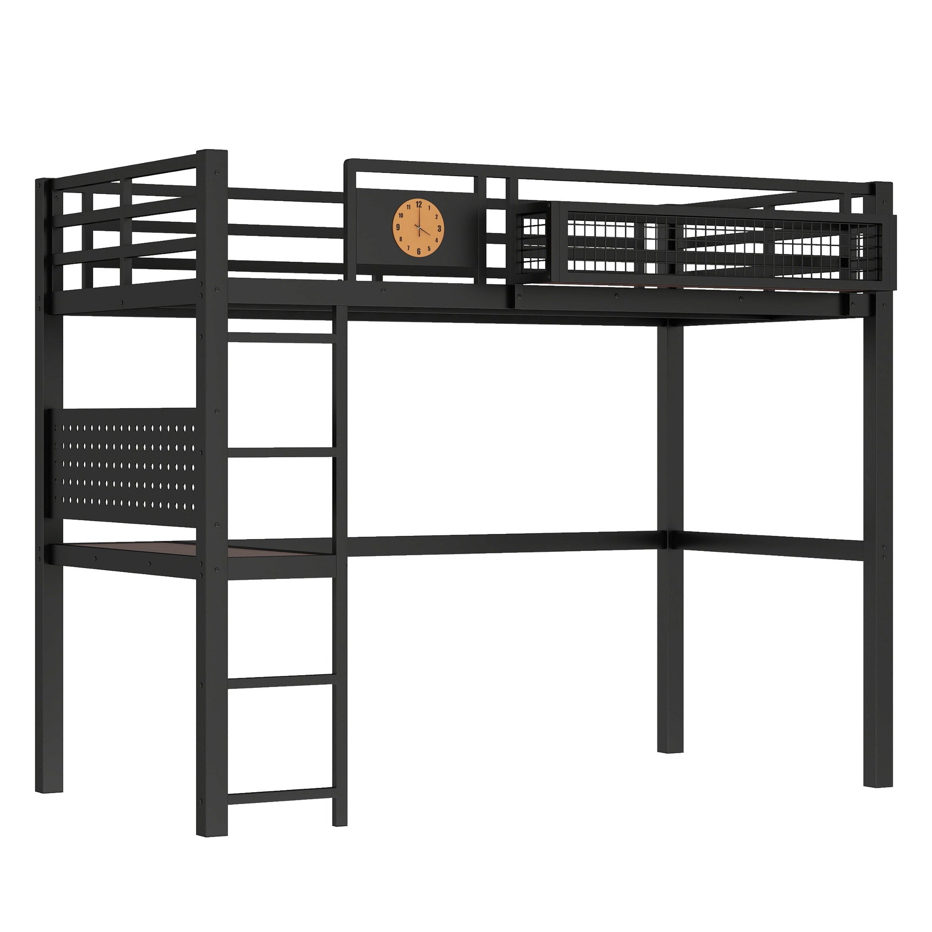 Twin XL Size Loft Bed Frame with desk, storage basket,Metal Loft Bed with clock,and charging port,Black