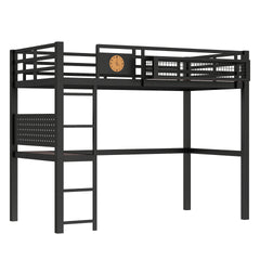 Twin XL Size Loft Bed Frame with desk, storage basket,Metal Loft Bed with clock,and charging port,Black