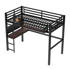 Twin XL Size Loft Bed Frame with desk, storage basket,Metal Loft Bed with clock,and charging port,Black