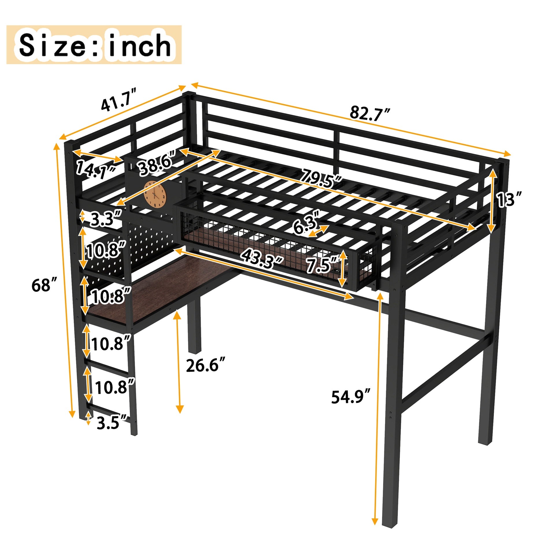 Twin XL Size Loft Bed Frame with desk, storage basket,Metal Loft Bed with clock,and charging port,Black