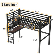 Twin XL Size Loft Bed Frame with desk, storage basket,Metal Loft Bed with clock,and charging port,Black