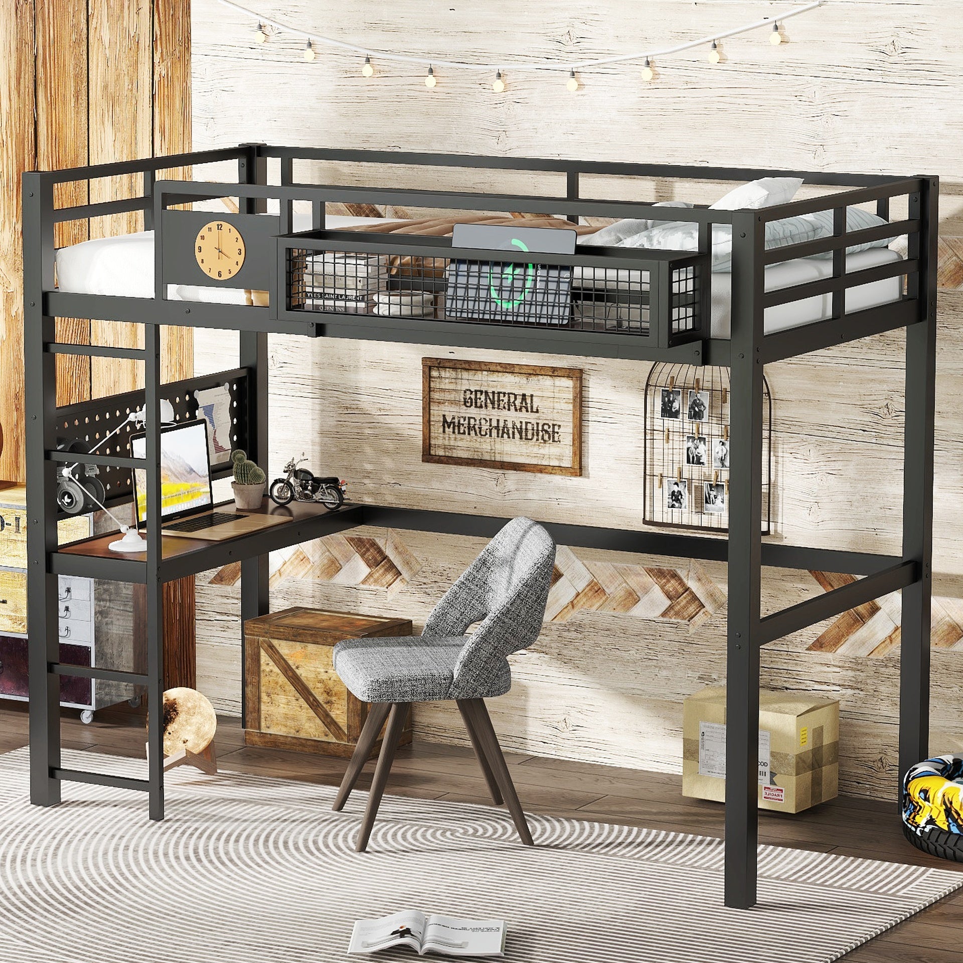 Twin XL Size Loft Bed Frame with desk, storage basket,Metal Loft Bed with clock,and charging port,Black