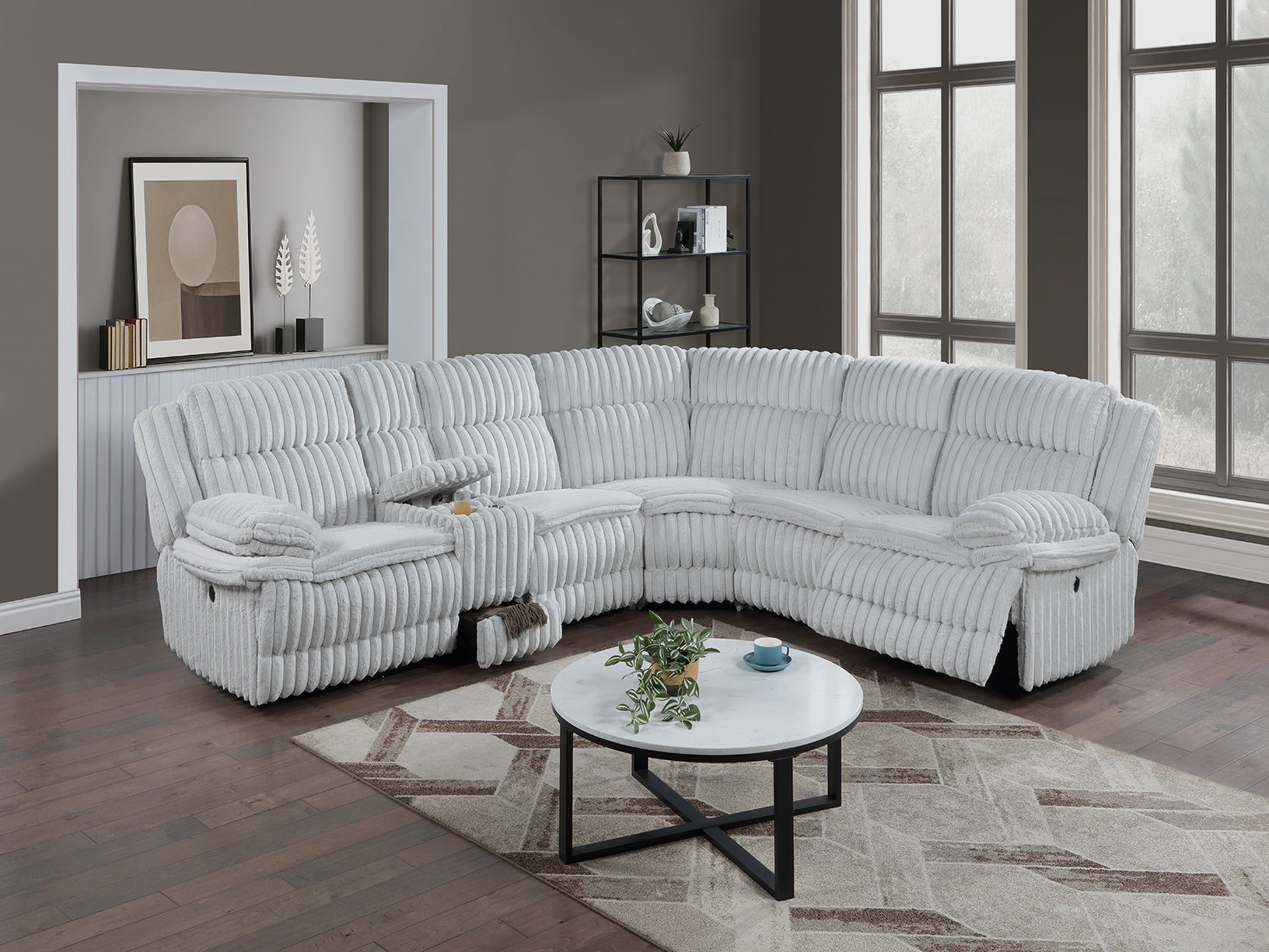 Light Gray Fur Like Corduroy U-Shaped Sectional Sofa w Console Cup Holder, Storage Drawer Motion Reclining Living Room Couch 3pc set