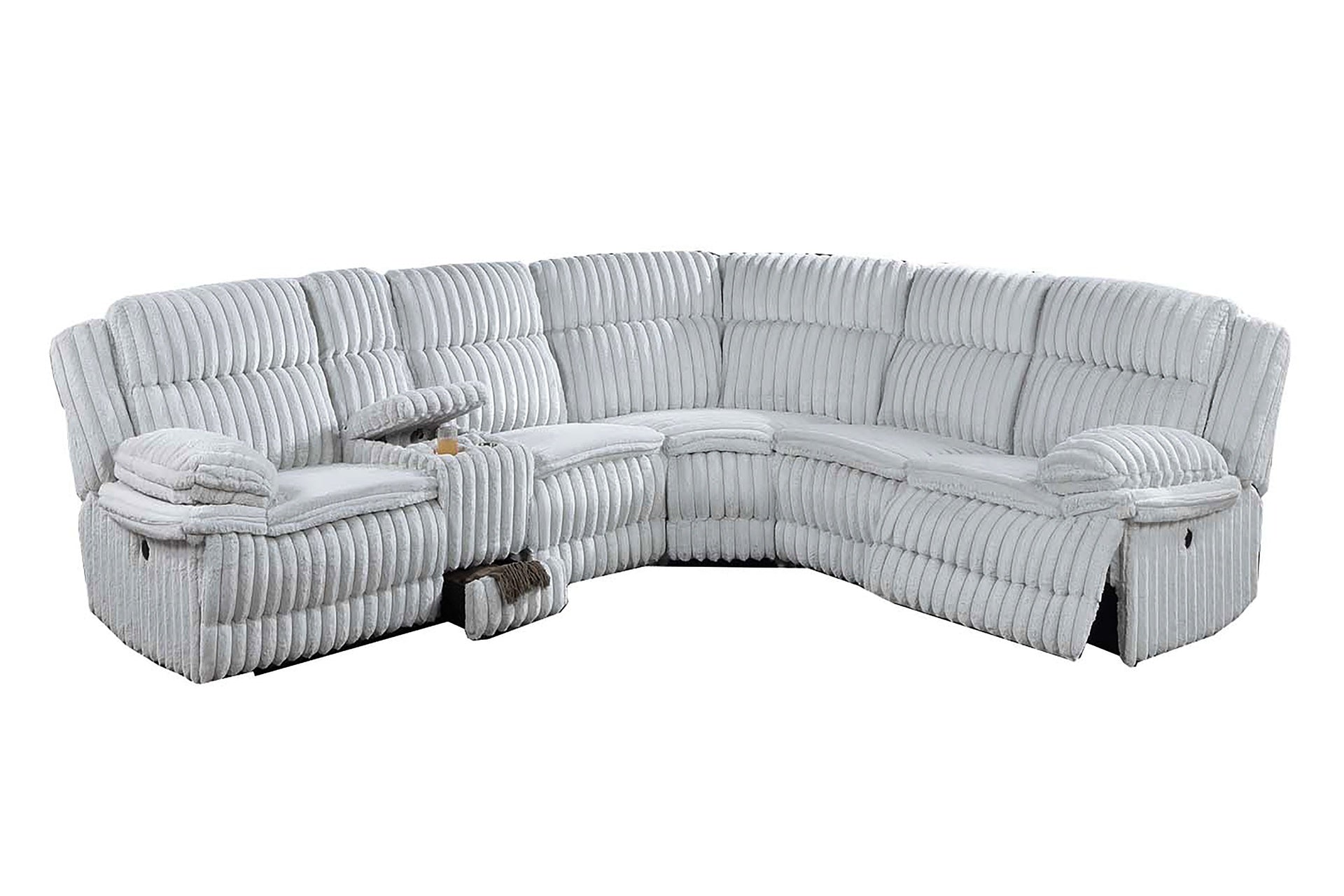 Light Gray Fur Like Corduroy U-Shaped Sectional Sofa w Console Cup Holder, Storage Drawer Motion Reclining Living Room Couch 3pc set