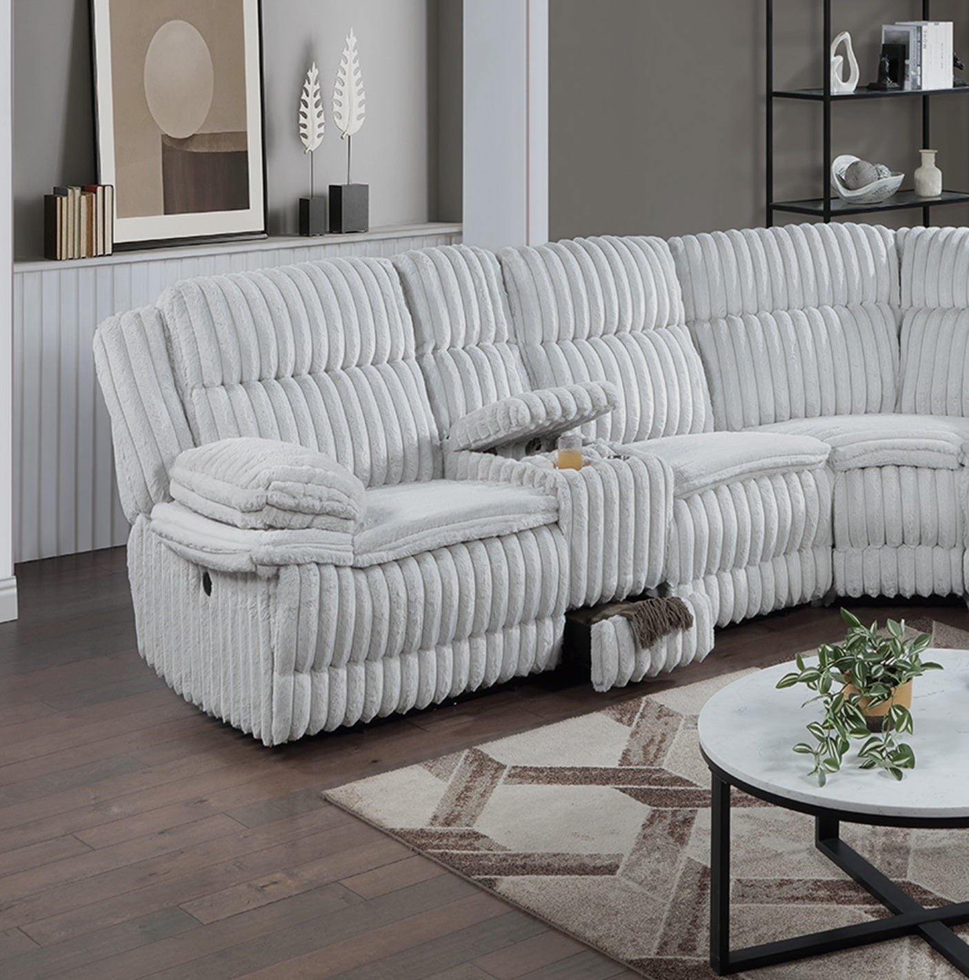 Light Gray Fur Like Corduroy U-Shaped Sectional Sofa w Console Cup Holder, Storage Drawer Motion Reclining Living Room Couch 3pc set