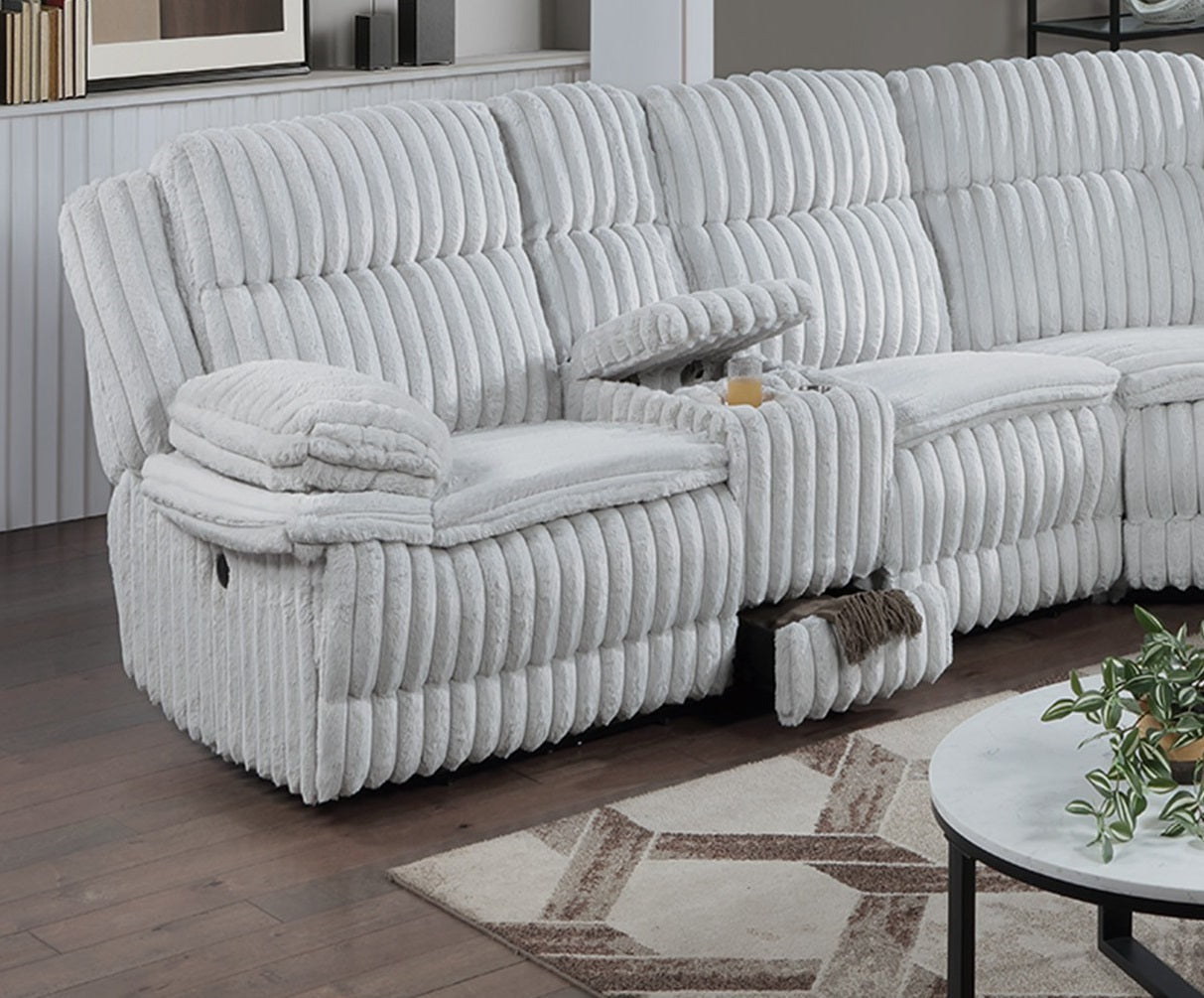 Light Gray Fur Like Corduroy U-Shaped Sectional Sofa w Console Cup Holder, Storage Drawer Motion Reclining Living Room Couch 3pc set