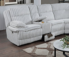 Light Gray Fur Like Corduroy U-Shaped Sectional Sofa w Console Cup Holder, Storage Drawer Motion Reclining Living Room Couch 3pc set