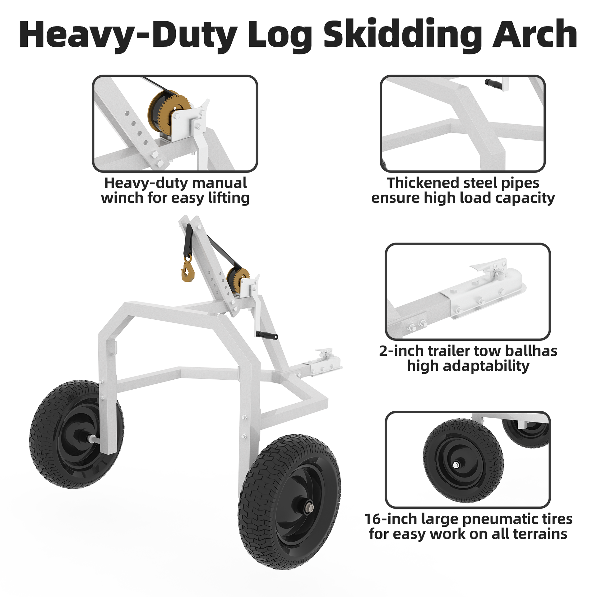 20" Log Skidding Arch & Hauler Kit, 1500 lbs Capacity Log Dolly with Manual Winch, Chain & Strap, Heavy Duty Rust-Resistant Steel Log Carrier for Farm, Firewood & Forestry Transport