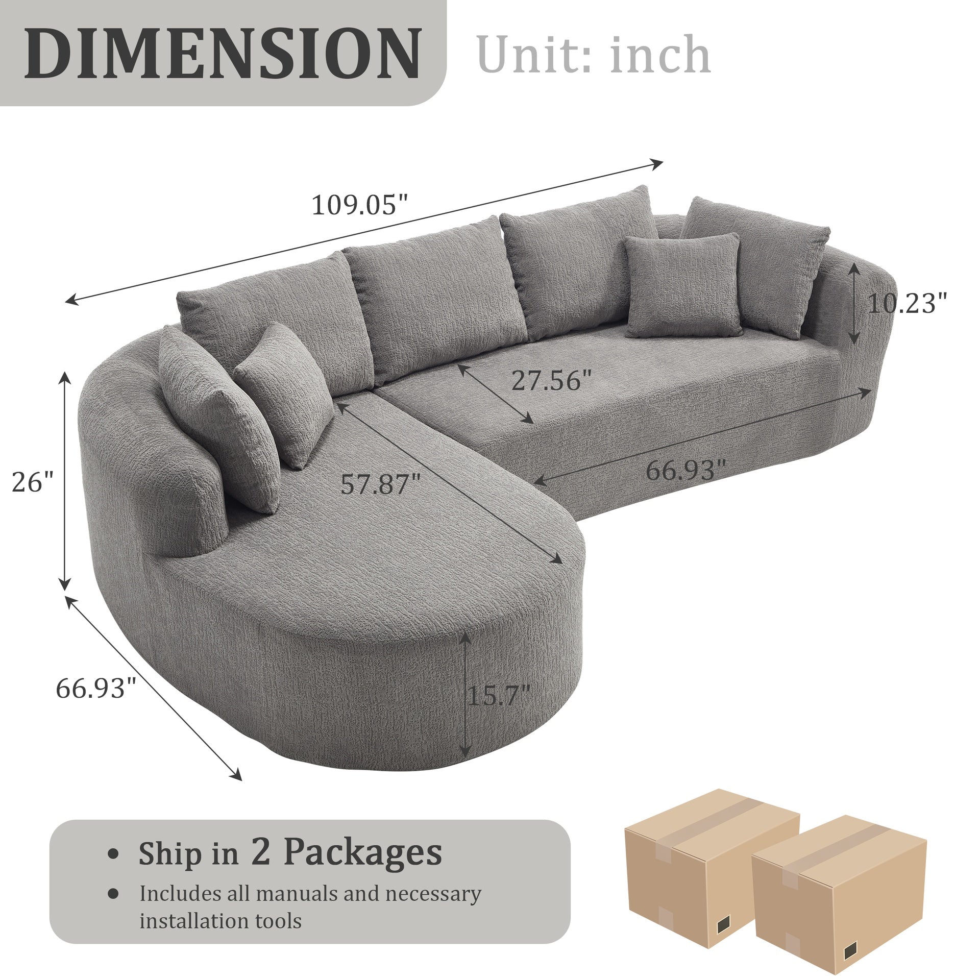 109 Inch Cloud Sectional Couch, Boneless Sofa for Living Room, Corduroy Modular Couch with L Shape Chaise, Modern Compressed Sofa in a Box, Memory Foam Filling (LIGHT GREY)