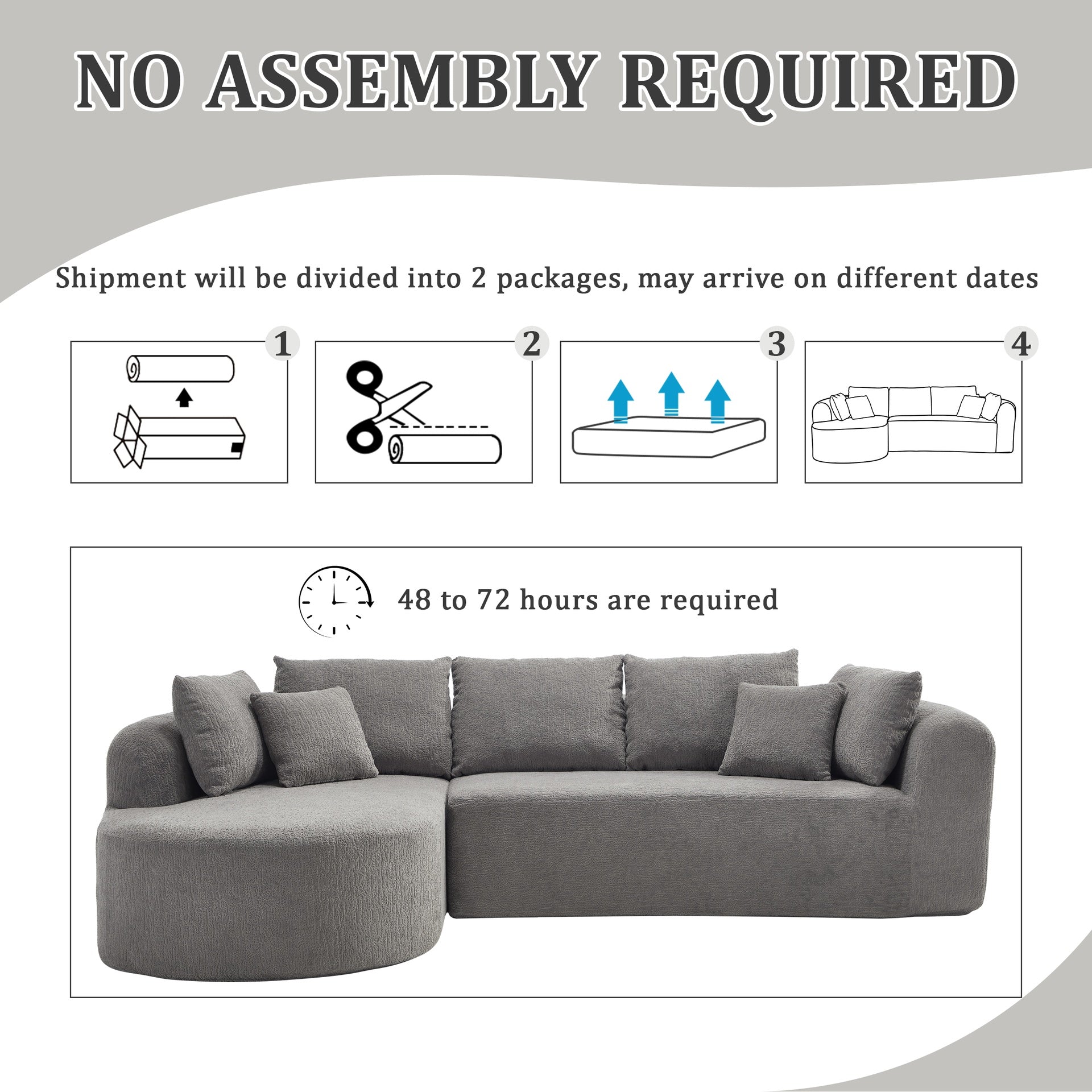 109 Inch Cloud Sectional Couch, Boneless Sofa for Living Room, Corduroy Modular Couch with L Shape Chaise, Modern Compressed Sofa in a Box, Memory Foam Filling (LIGHT GREY)