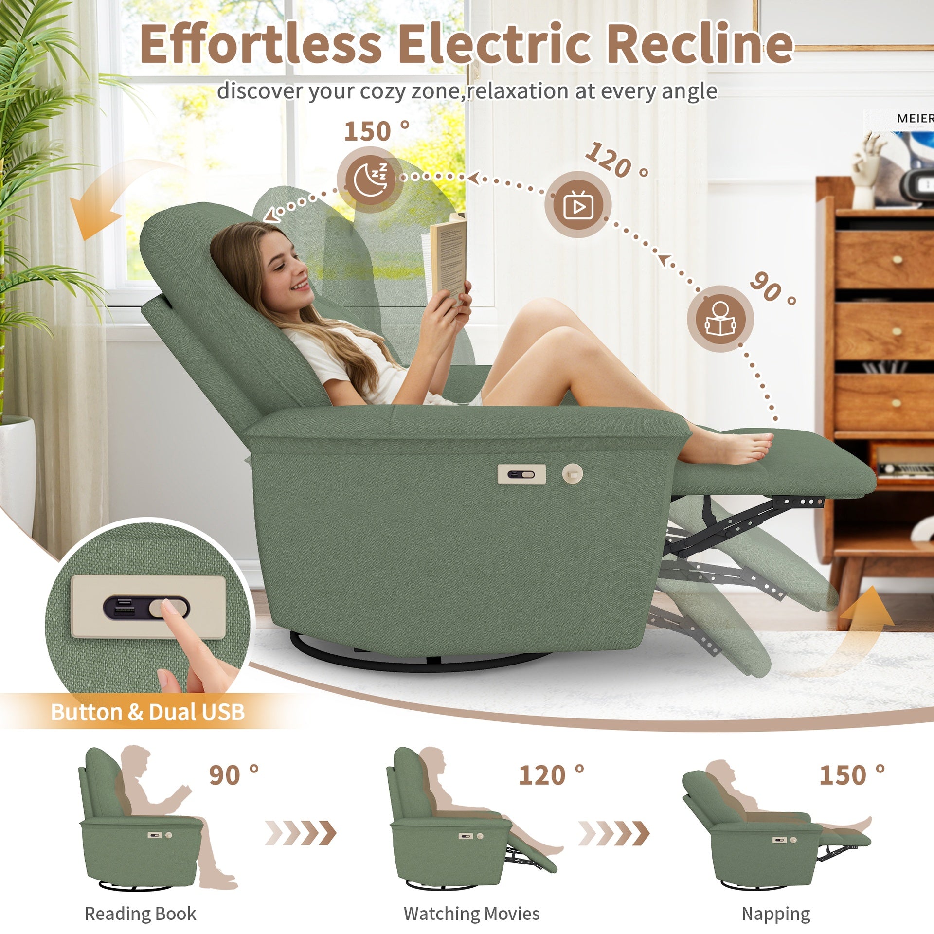 270° Power Swivel Rocker Recliner Chair w/ Phone Holder, Electric Glider Reclining Sofa with USB Ports, Power Swivel Glider, Rocking Chair Nursery Recliners for Living Room Bedroom(Dark Green)