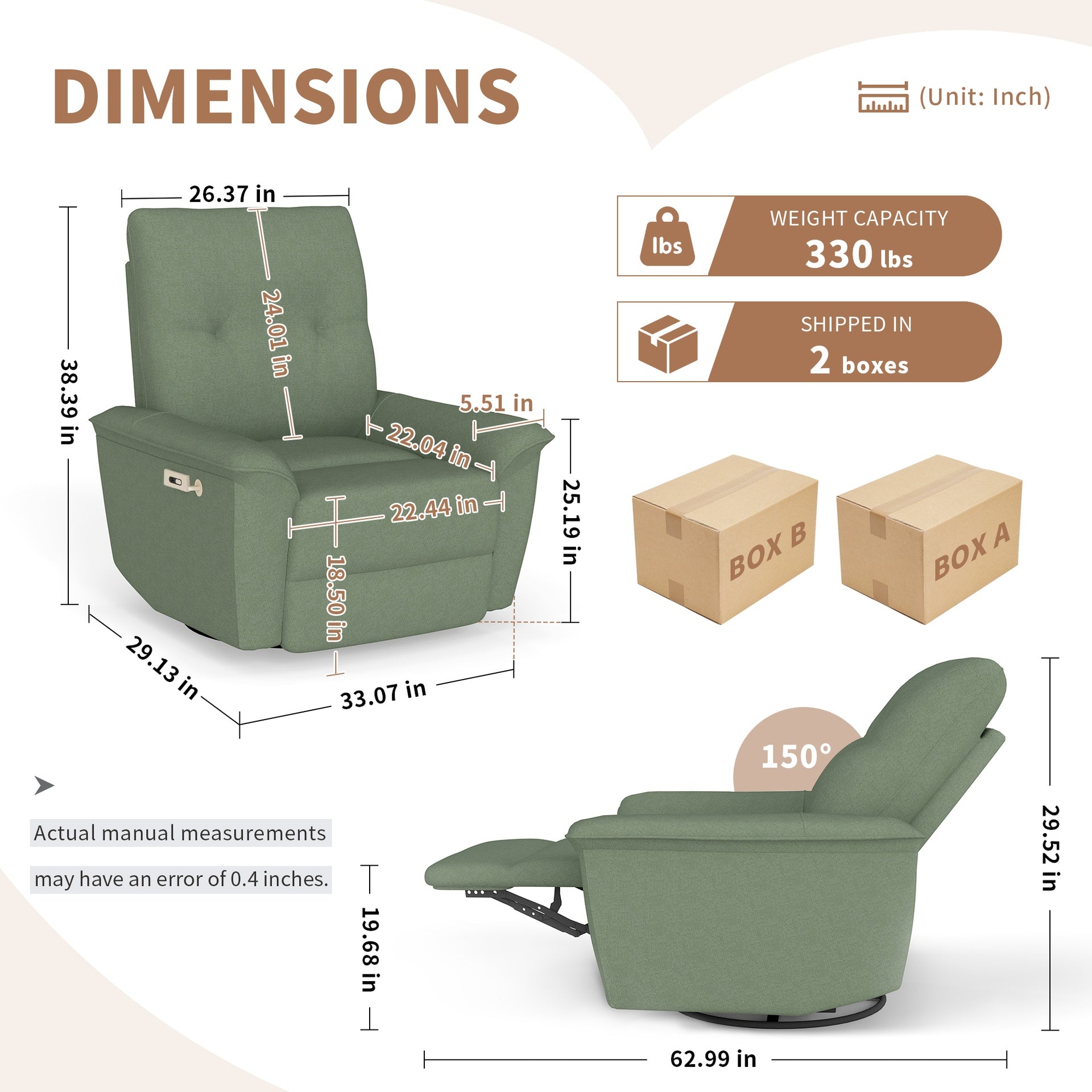 270° Power Swivel Rocker Recliner Chair w/ Phone Holder, Electric Glider Reclining Sofa with USB Ports, Power Swivel Glider, Rocking Chair Nursery Recliners for Living Room Bedroom(Dark Green)