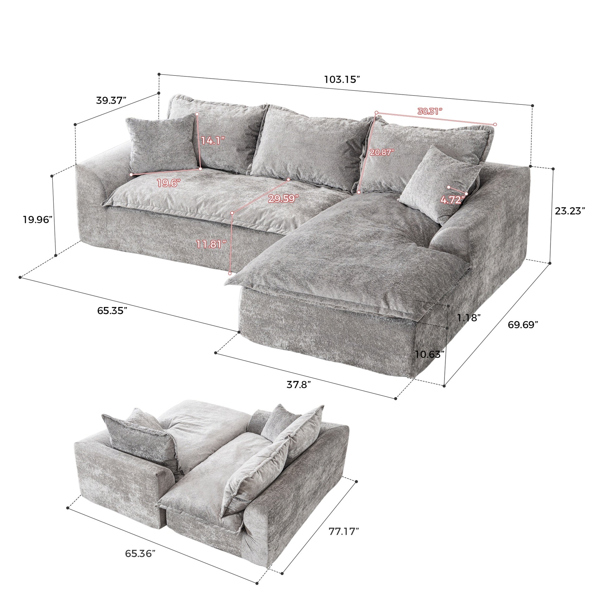 103" Cloud Sectional Couch with L - Shape Chaise, Boneless Modern Modular Large - Segment Sofa for Living Room, No Assembly Required