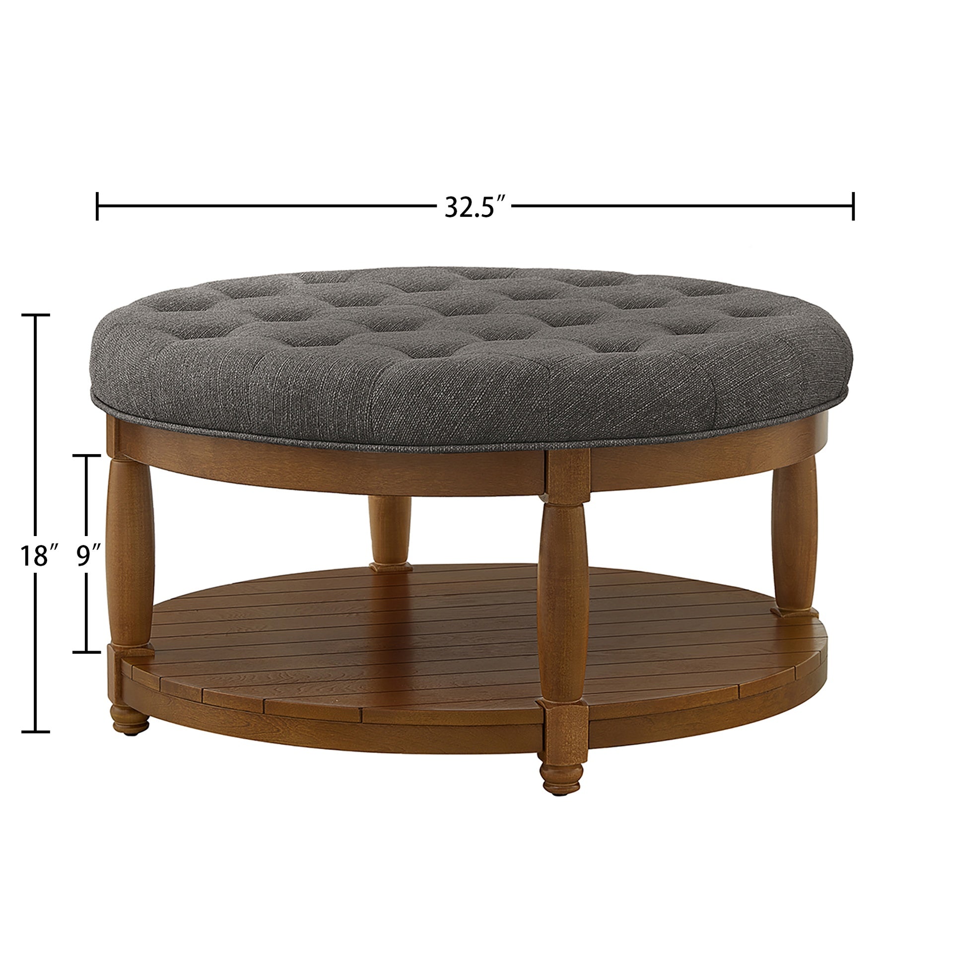 Large Round Upholstered Tufted Linen Ottoman Coffee Table, Large Footrest Ottoman with Solid Wood Shelf-Granite