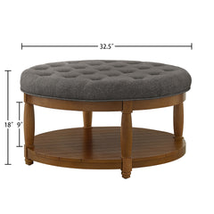 Large Round Upholstered Tufted Linen Ottoman Coffee Table, Large Footrest Ottoman with Solid Wood Shelf-Granite