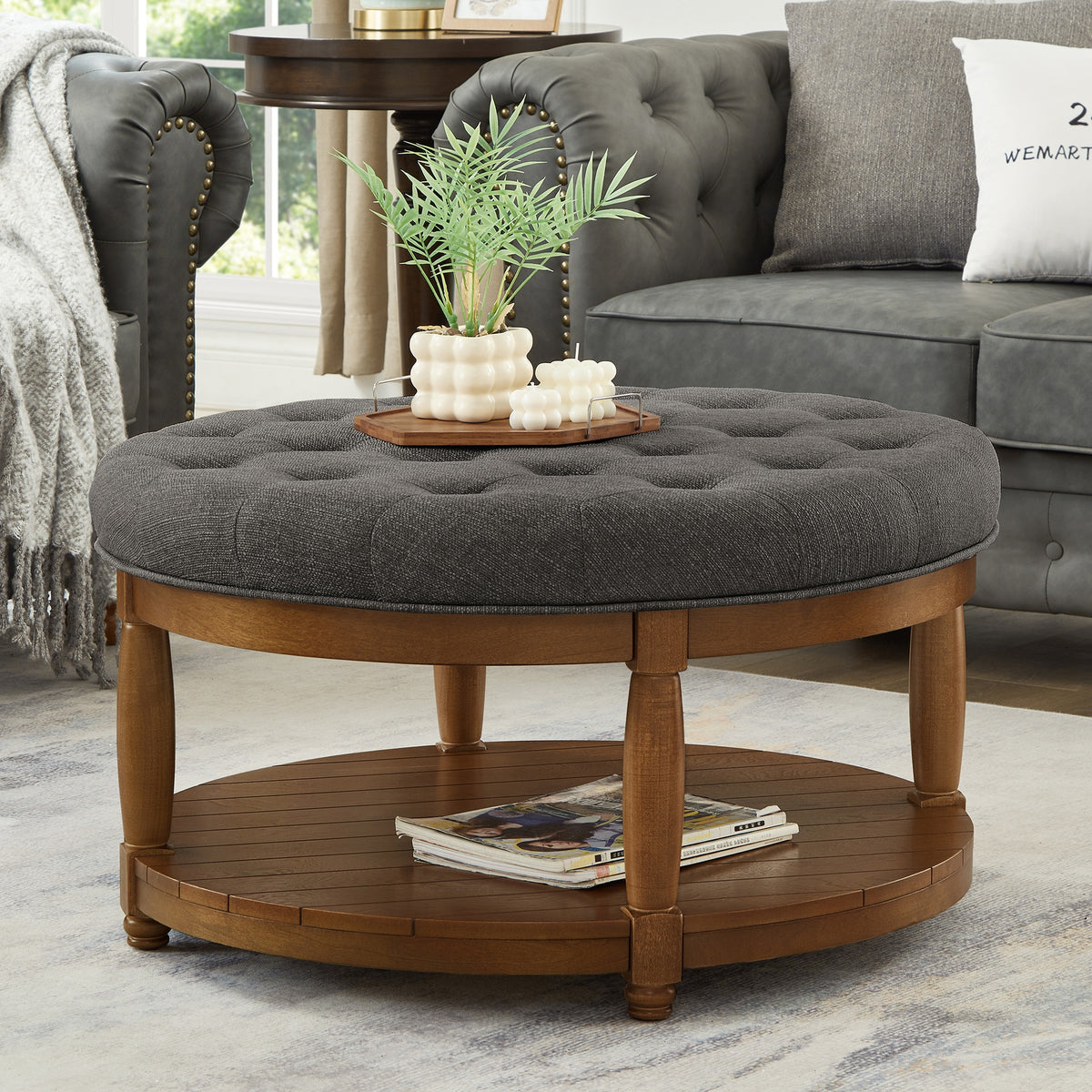 Large Round Upholstered Tufted Linen Ottoman Coffee Table, Large Footrest Ottoman with Solid Wood Shelf-Granite
