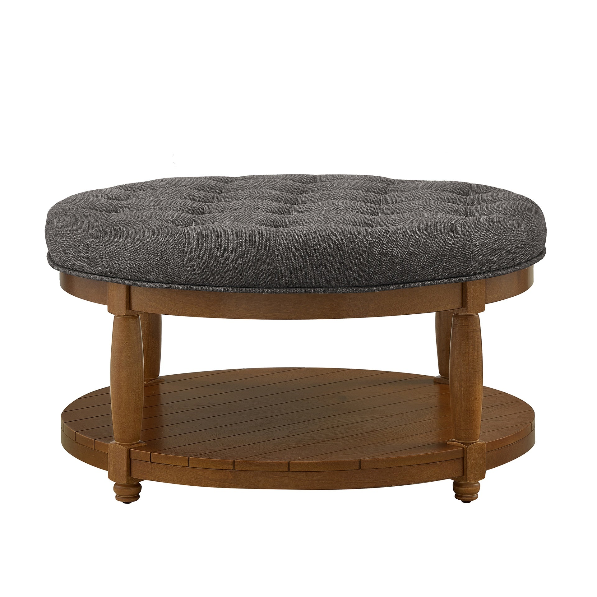 Large Round Upholstered Tufted Linen Ottoman Coffee Table, Large Footrest Ottoman with Solid Wood Shelf-Granite