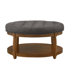 Large Round Upholstered Tufted Linen Ottoman Coffee Table, Large Footrest Ottoman with Solid Wood Shelf-Granite