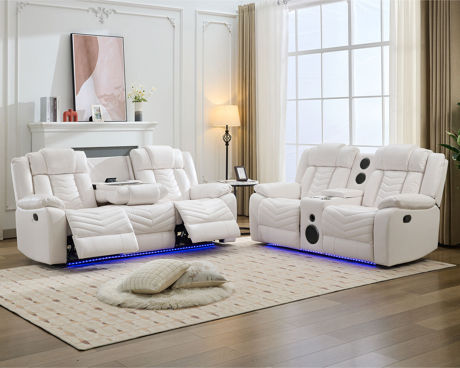MS Power M073 32 2 Pieces Power Reclining Sofa Sets,Technical leather Power reclining Loveseat Power recliner w/ wireless charger / LED strip for Living Room,White
