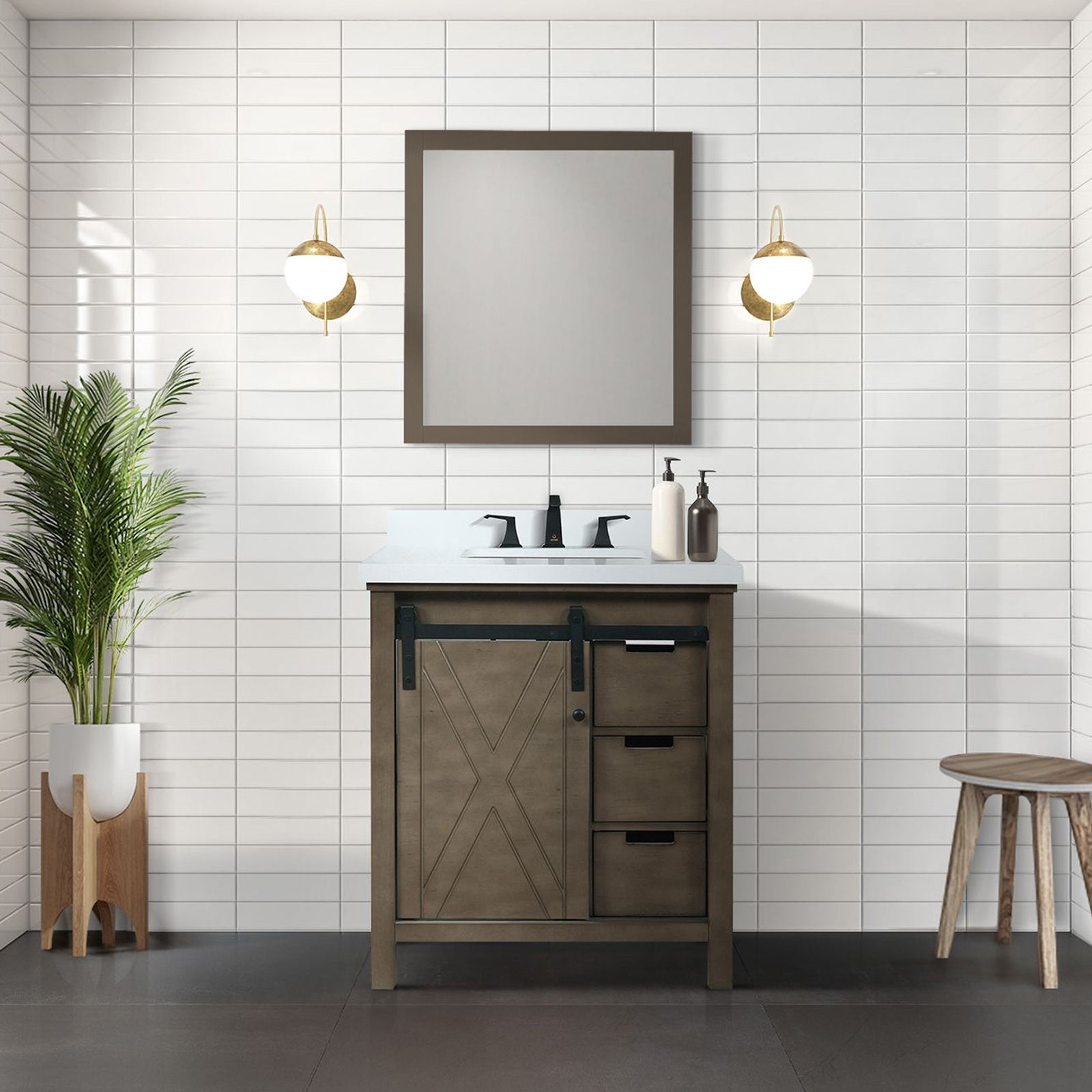Rustic Brown Bath Vanity 30 in. W x 22 in. D, Cultured Marble Countertop and 28 in. Mirror