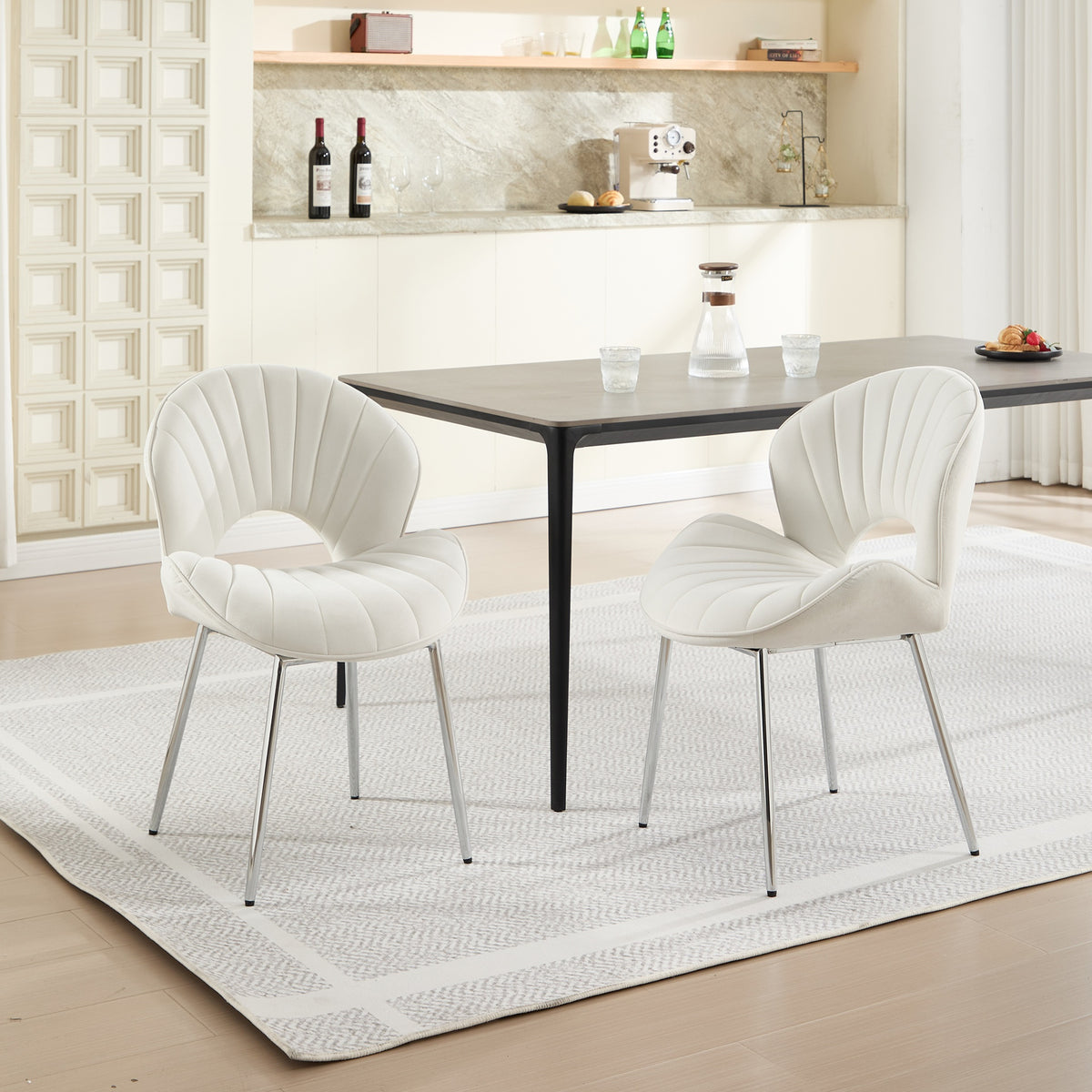 Modern Design Chair Back Hollow, 21.6-inch Enlarged Seat Surface With Silver Legs ,Set of 2 ,White Velvet Fabric