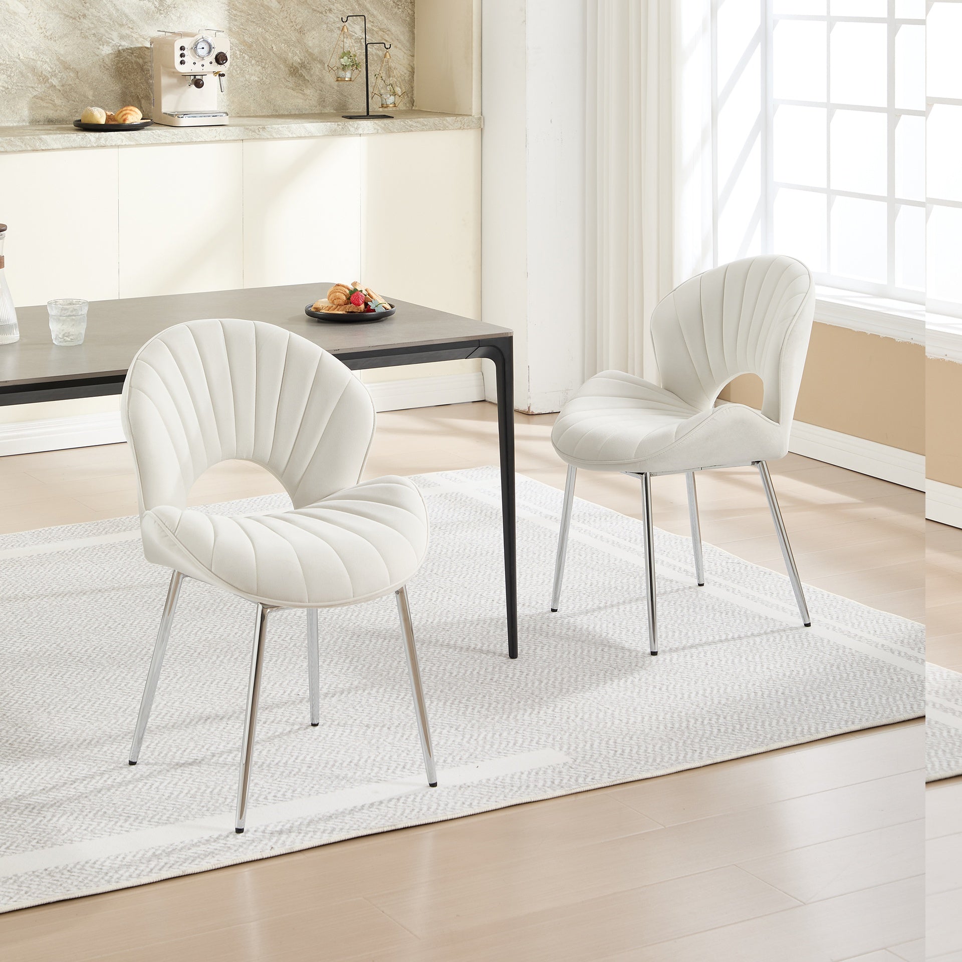 Modern Design Chair Back Hollow, 21.6-inch Enlarged Seat Surface With Silver Legs ,Set of 2 ,White Velvet Fabric