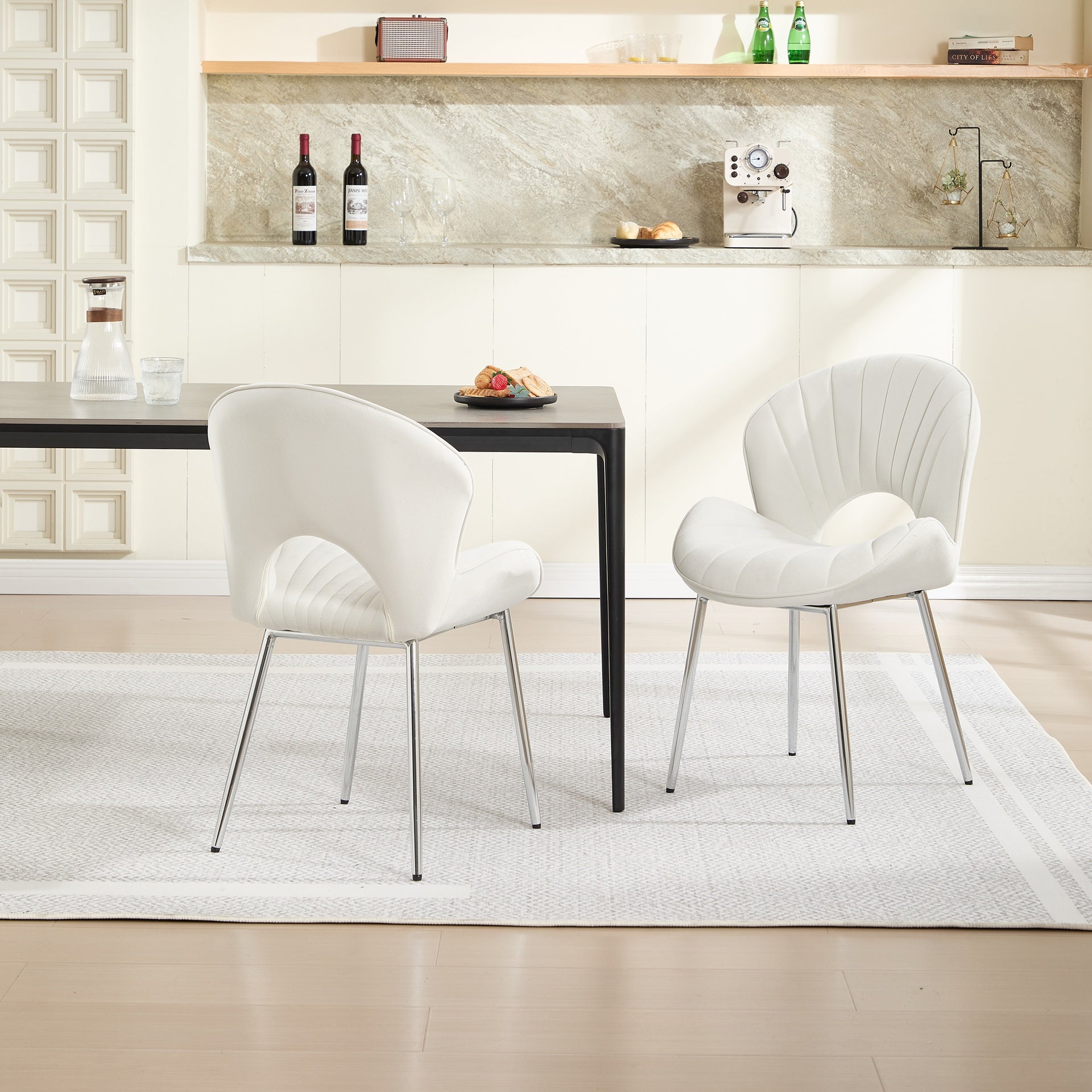 Modern Design Chair Back Hollow, 21.6-inch Enlarged Seat Surface With Silver Legs ,Set of 2 ,White Velvet Fabric