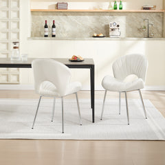 Modern Design Chair Back Hollow, 21.6-inch Enlarged Seat Surface With Silver Legs ,Set of 2 ,White Velvet Fabric