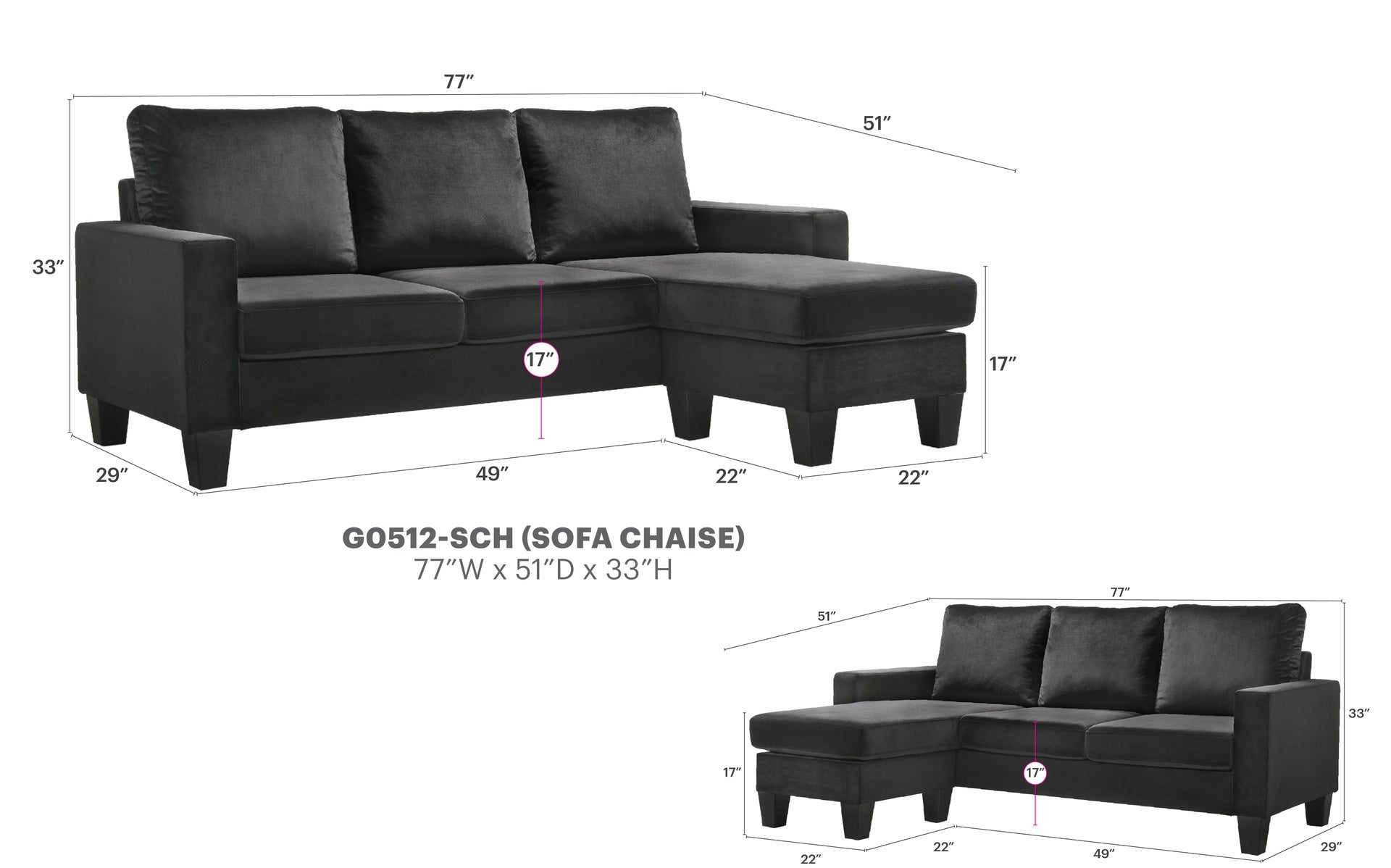 Jessica G0512-SCH Sofa Chaise , BLACK