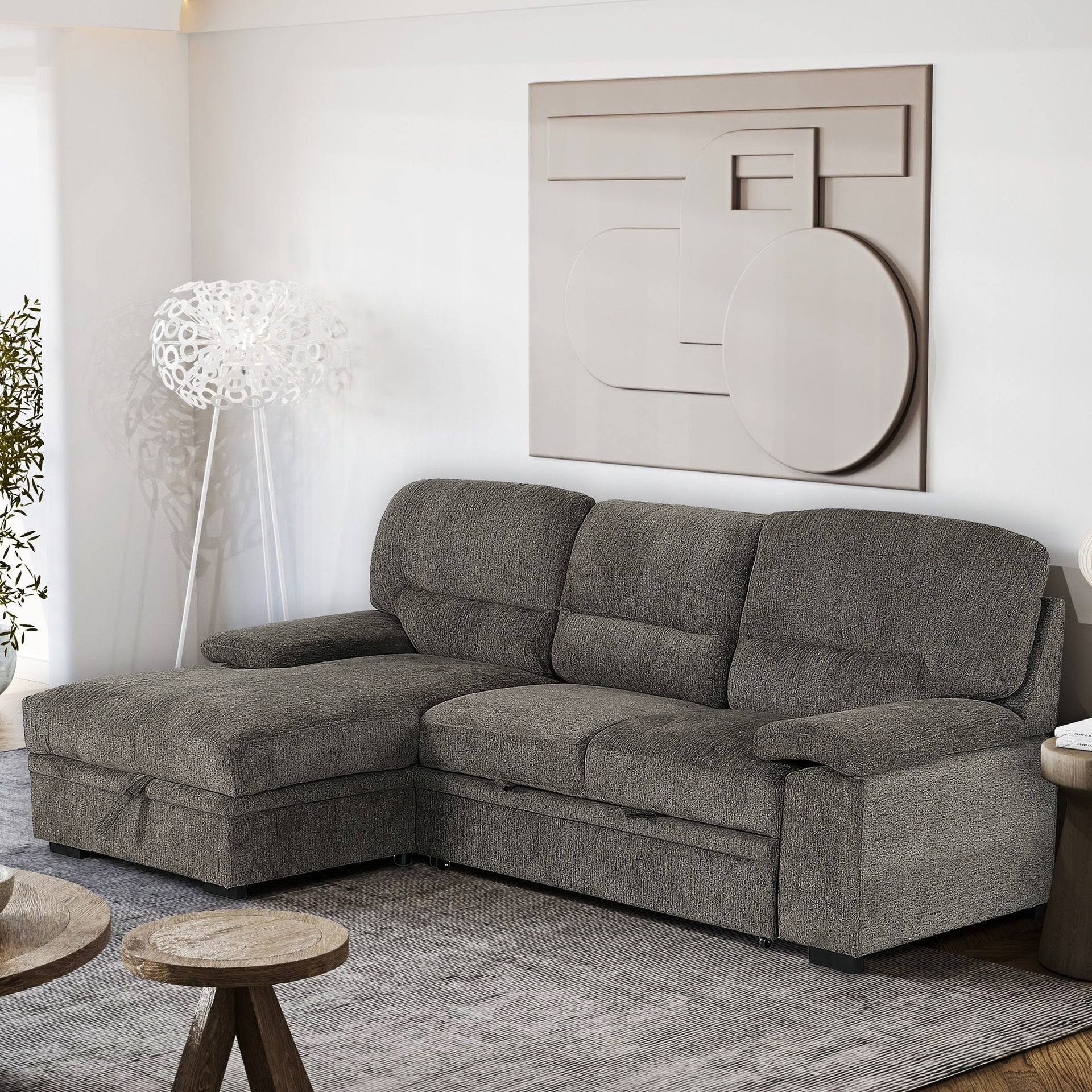 Convertible Sectional Sofa L-Shaped Couch with Storage Chaise, Living Room Sofa Bed, Grey